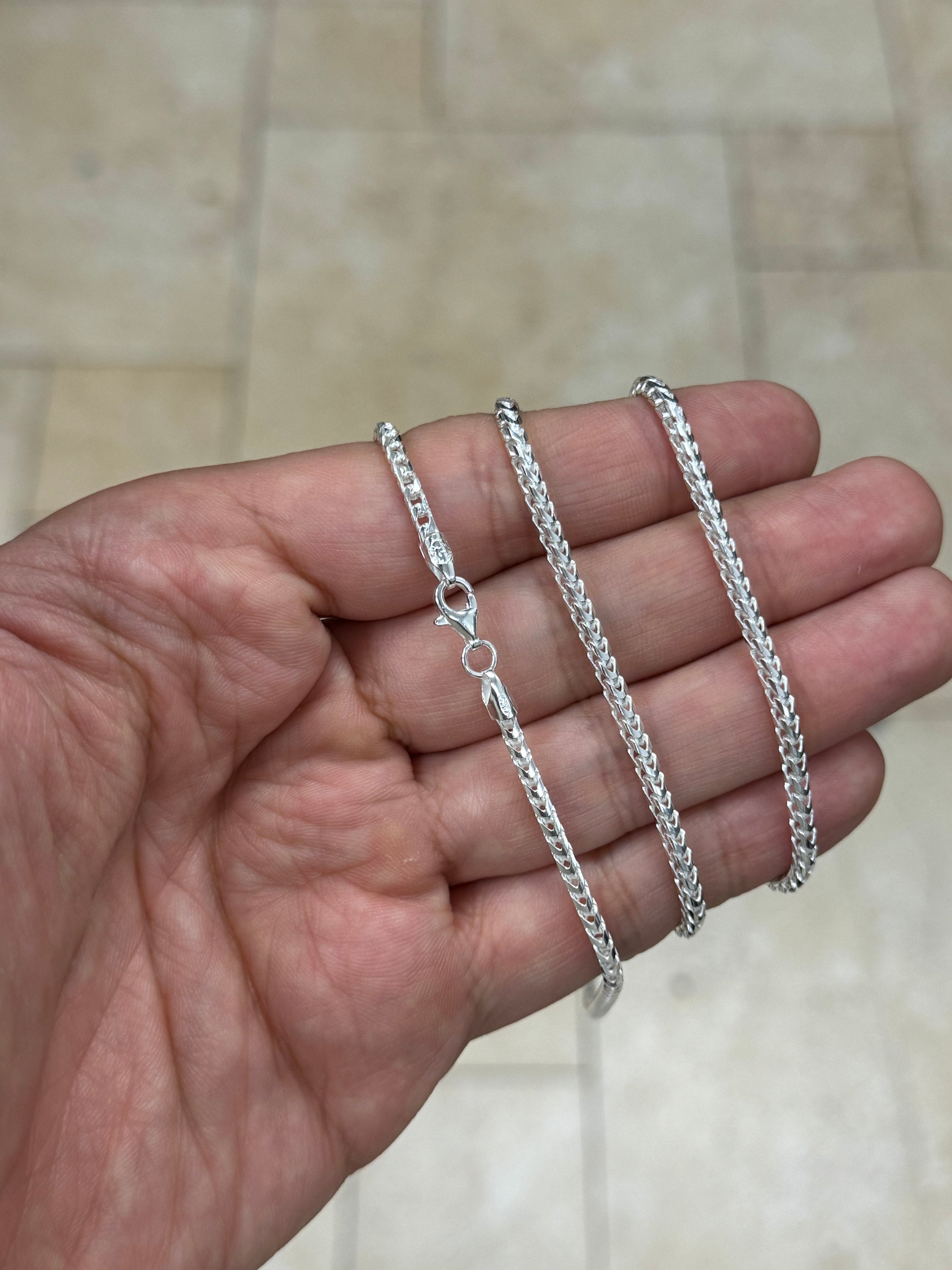 Solid 925 Sterling Silver 2.5mm Franco Wheat  Foxtail Chain 16'' 18'' 20'' 22'' 24'' 30'' , Made In Italy, Genuine Sterling Silver