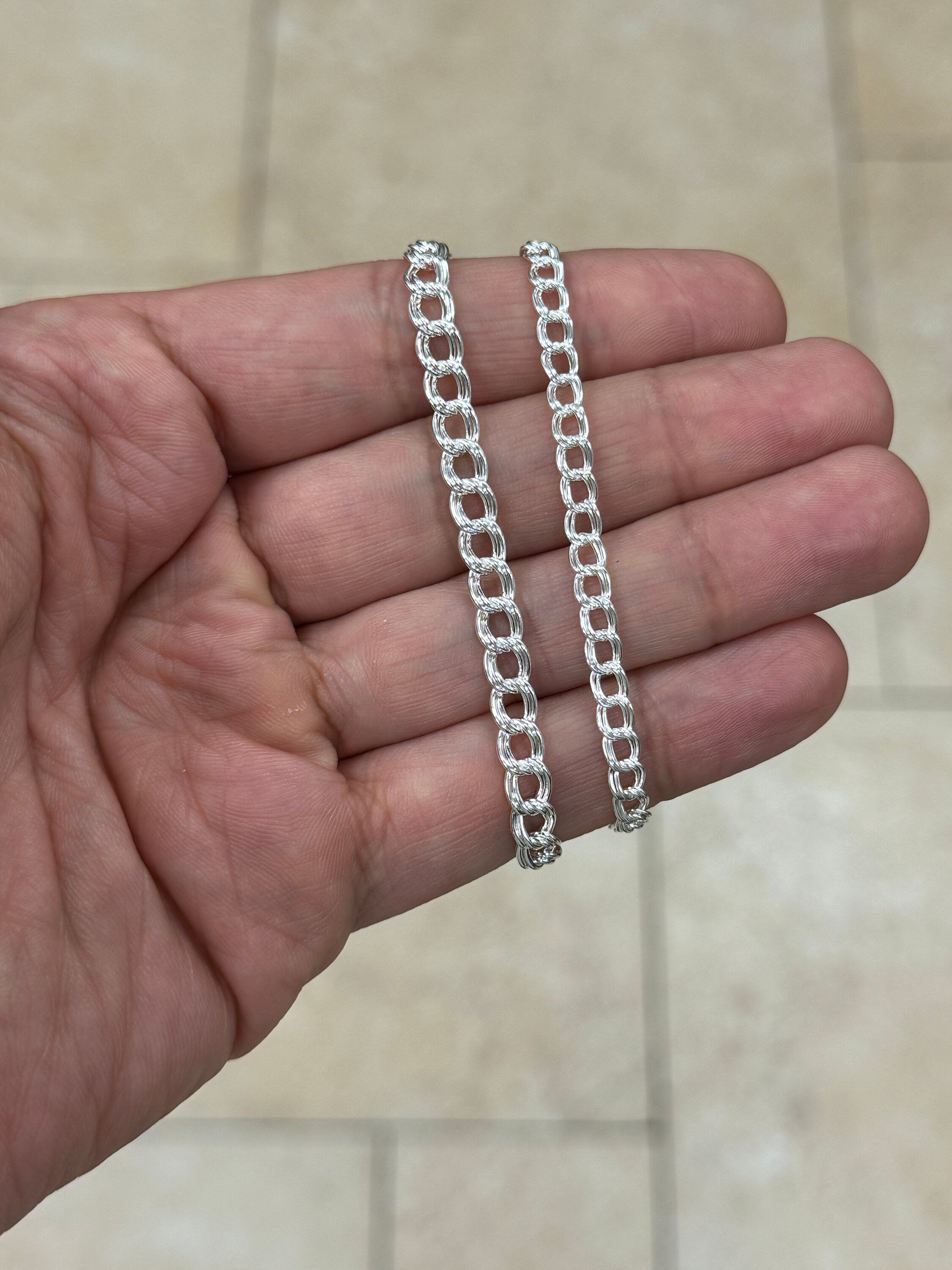 Solid 925 Sterling Silver 4mm 5mm Double Link Charm Bracelet And Anklet, Made in Italy, Lengths: 7” 8” 9”
