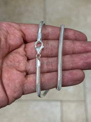 Solid 925 Sterling Silver 4mm Round Snake Chain Necklace. Real Round Snake, Flexible Snake, Solid 925, All Sizes