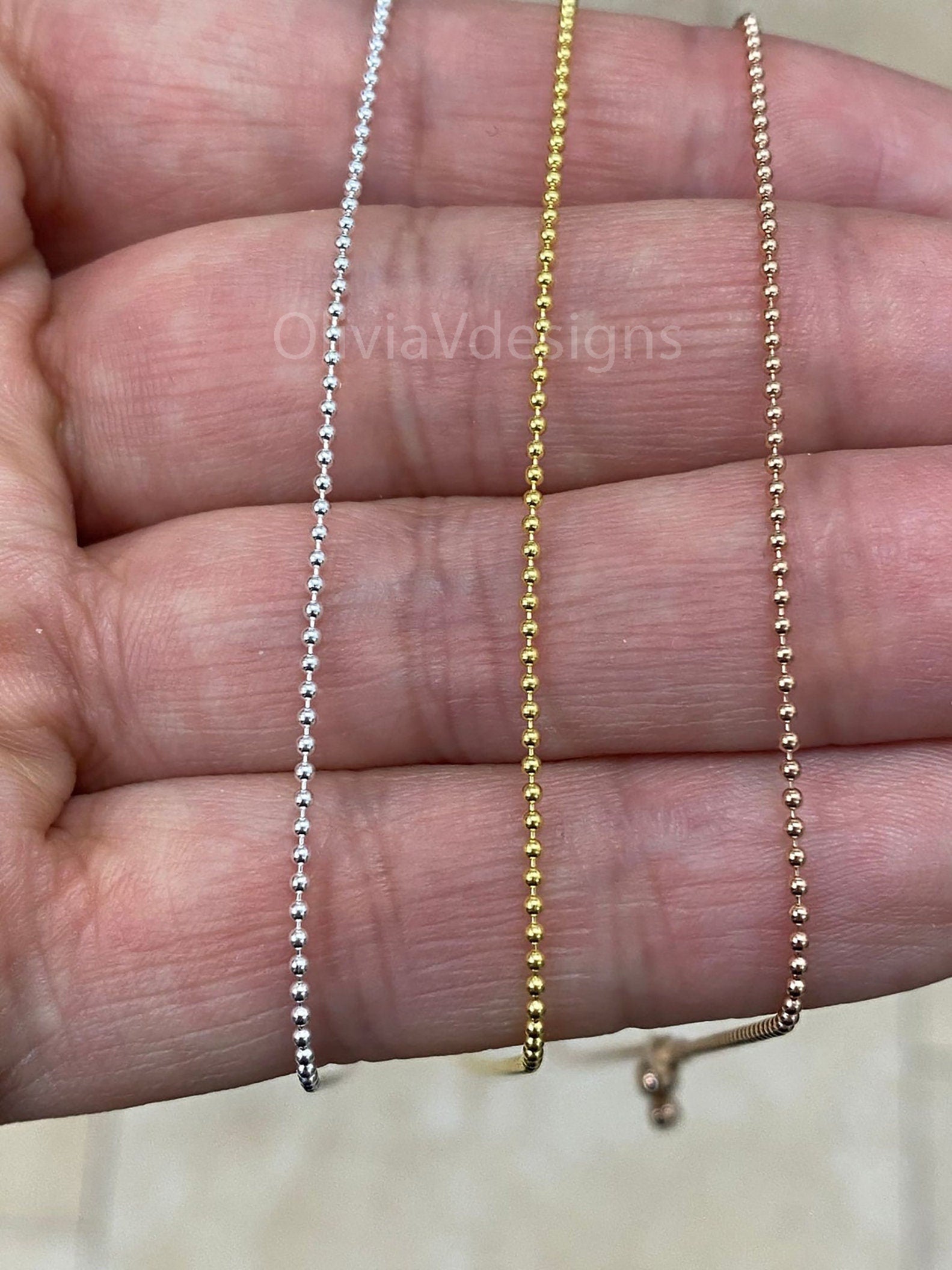 Solid 925 Sterling Silver Adjustable Ball Bead Chain 1mm Necklace, Dog Tag , Choose From Silver, 14k Yellow Gold, 14k Rose Gold