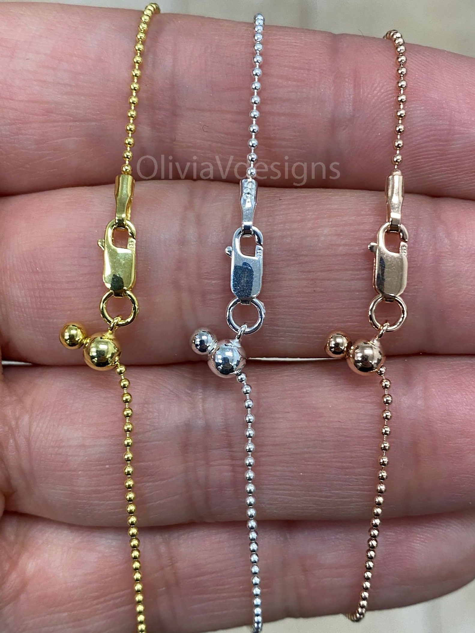 Solid 925 Sterling Silver Adjustable Ball Bead Chain 1mm Necklace, Dog Tag , Choose From Silver, 14k Yellow Gold, 14k Rose Gold