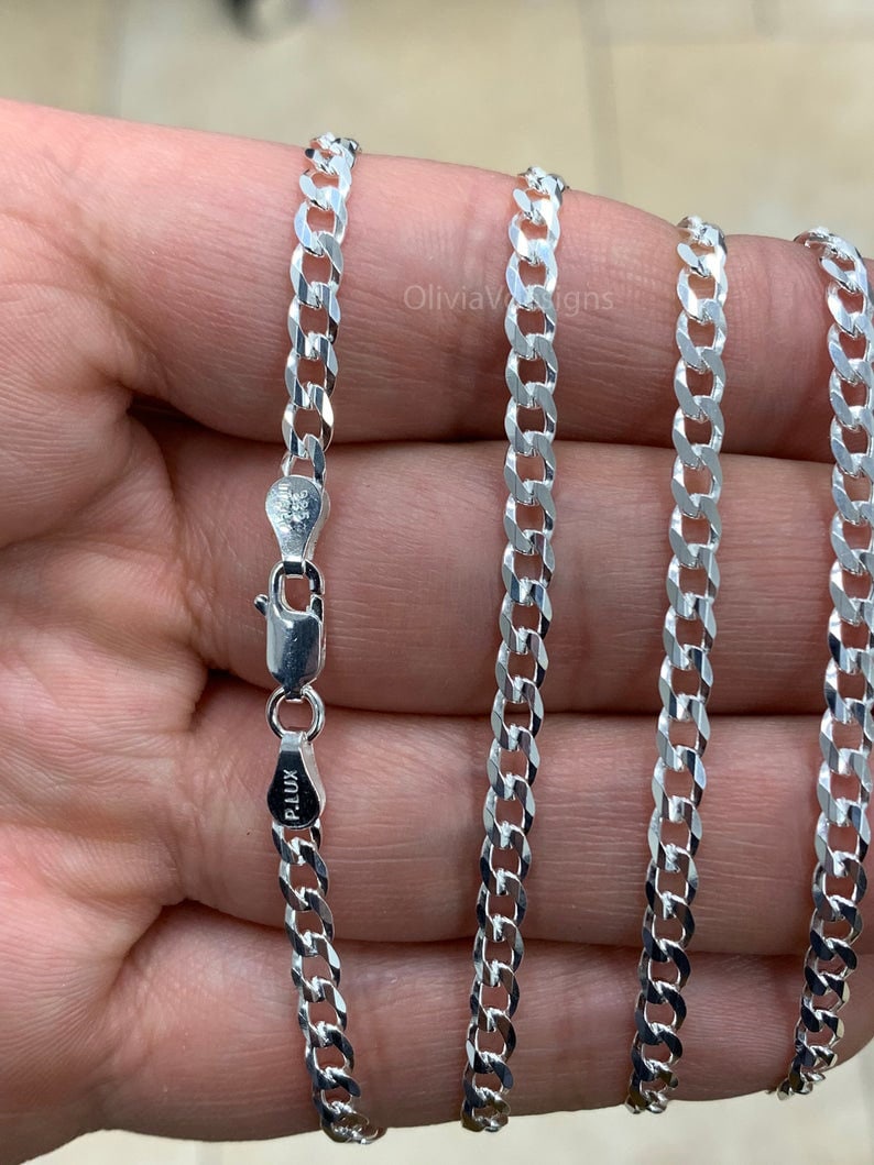 Solid 925 Sterling Silver Flat Cuban 3.5mm Necklace, Solid Flat Miami Cuban Curb Link Chain, 3.5mm Necklace Chain, Gift, P.lux