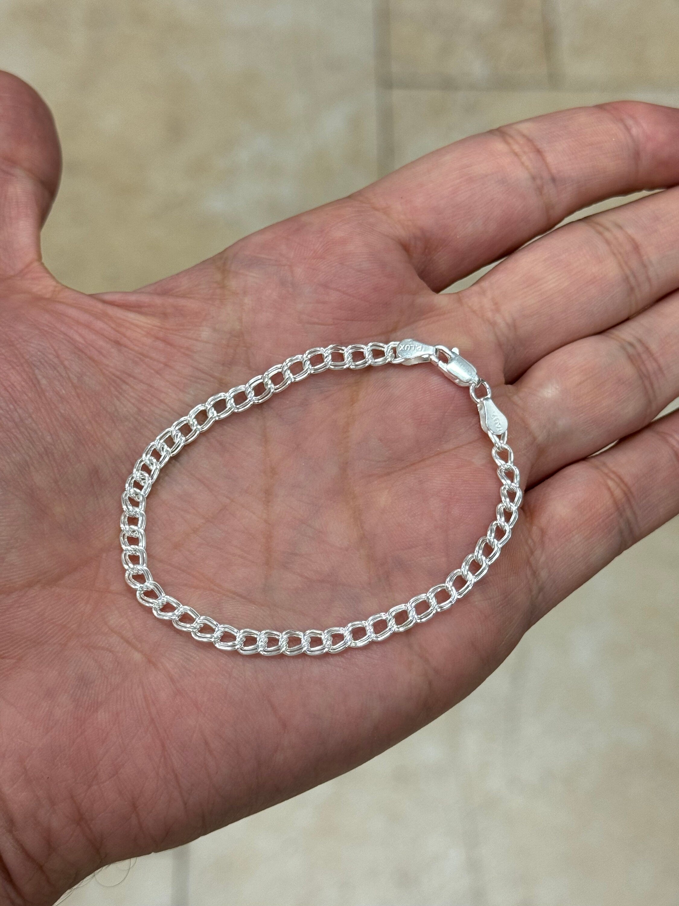 Solid 925 Sterling Silver Italian 4mm Double Link Charm Bracelet And Anklet, Made in Italy, Lengths: 7” 8” 9”