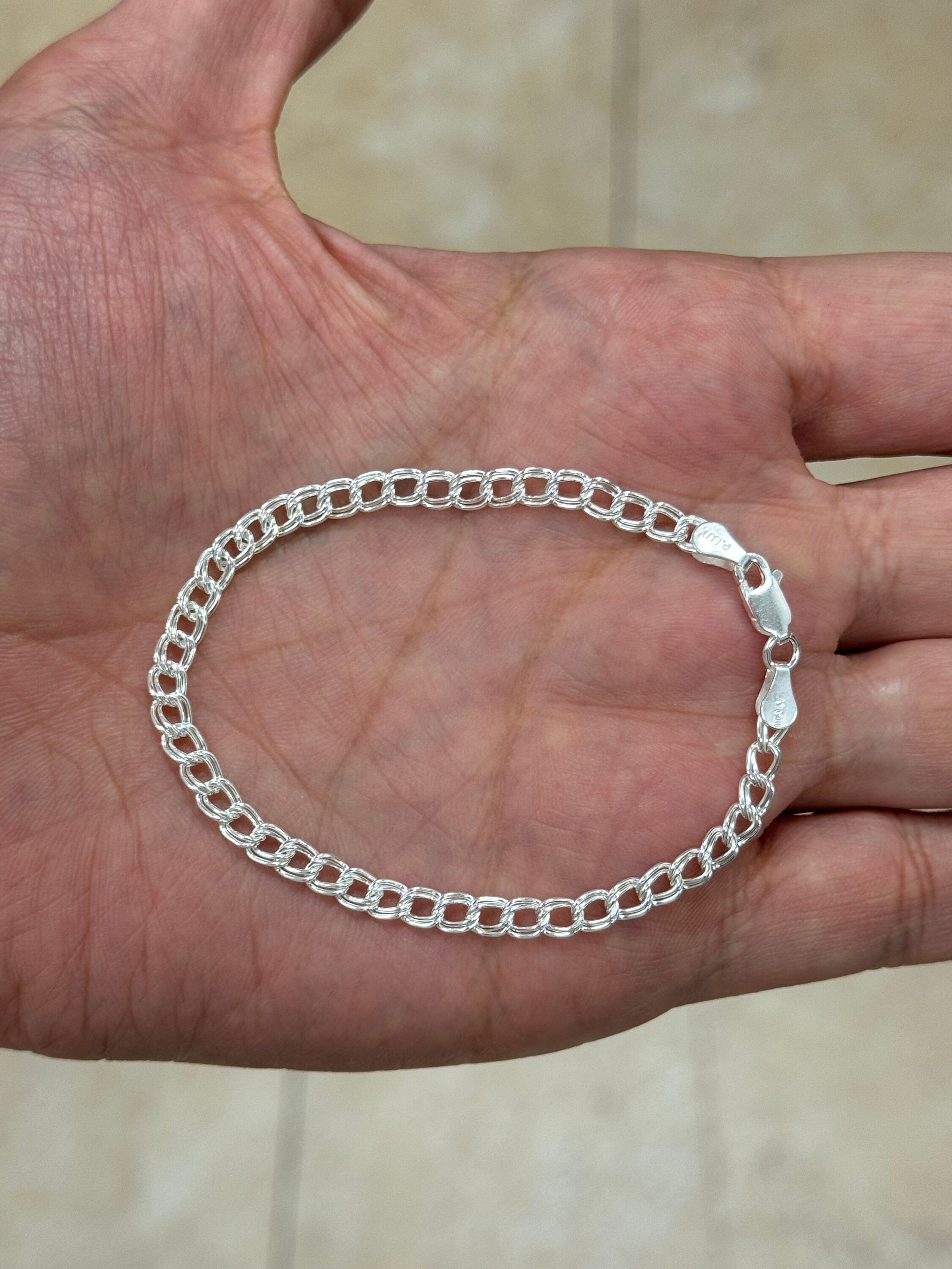 Solid 925 Sterling Silver Italian 4mm Double Link Charm Bracelet And Anklet, Made in Italy, Lengths: 7” 8” 9”
