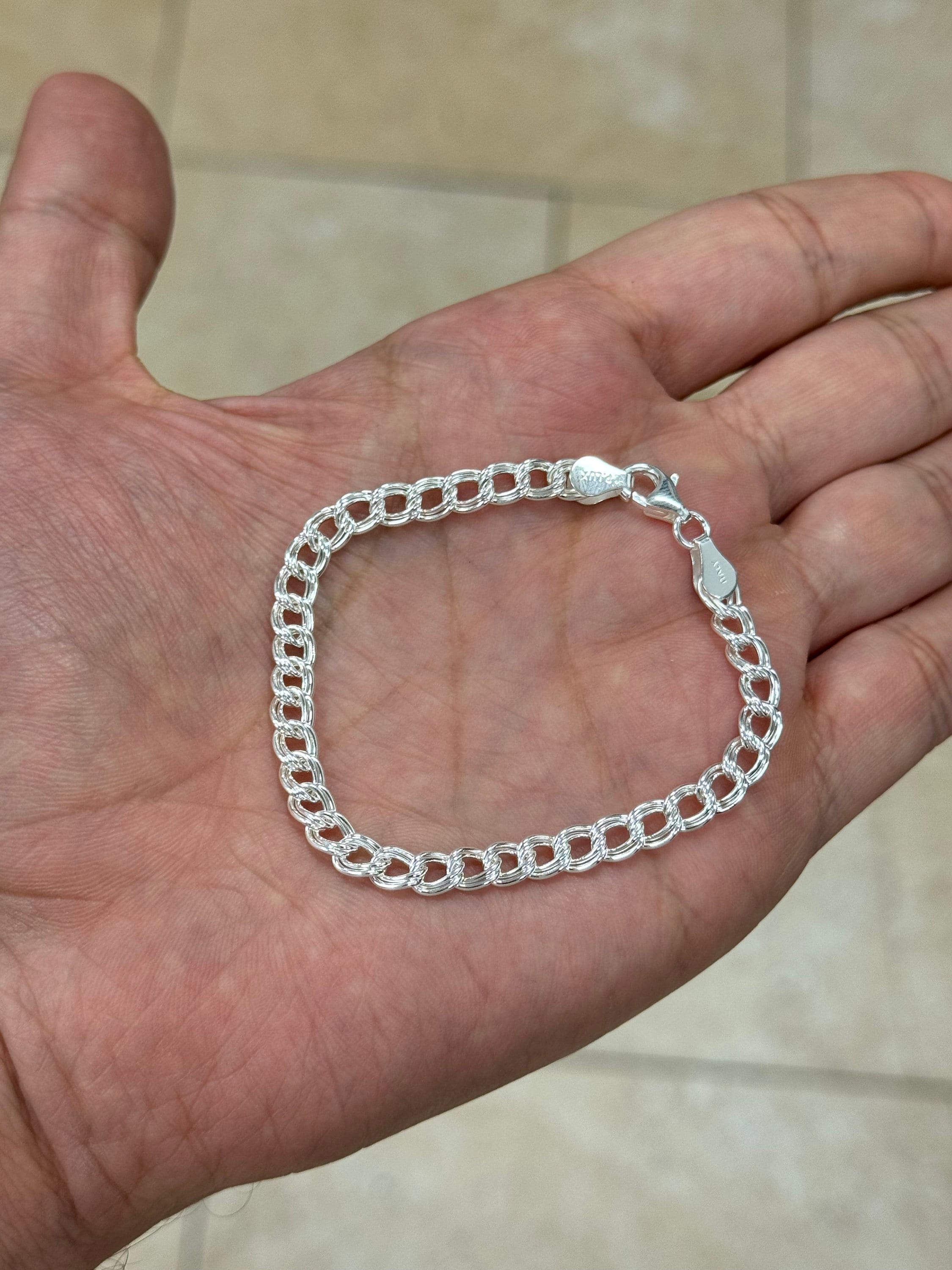 Solid 925 Sterling Silver Italian 5mm Double Link Charm Bracelet And Anklet, Made in Italy, Lengths: 7” 8” 9”