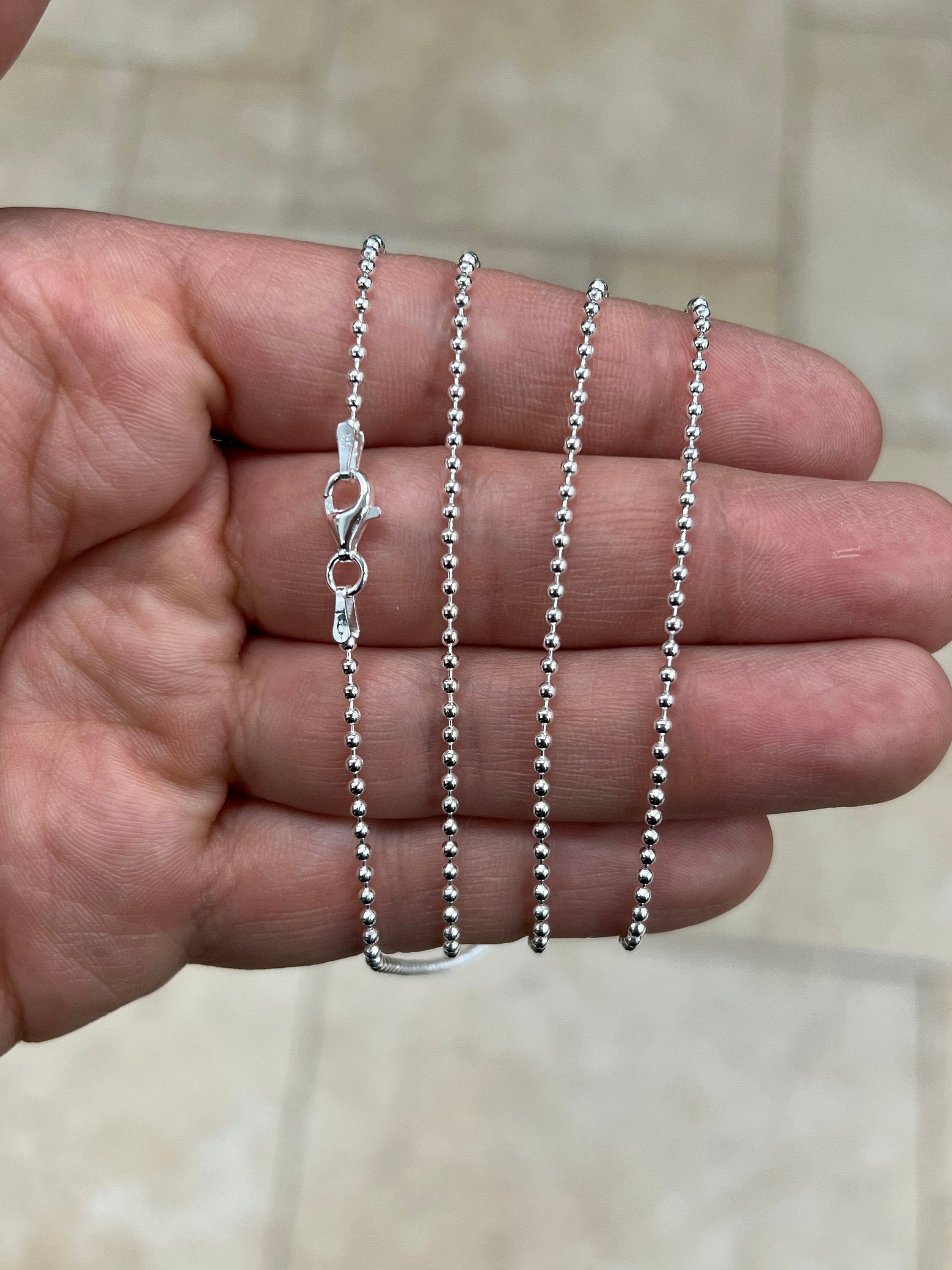 Solid 925 Sterling Silver Italian Ball Bead Chain 1.80mm Necklace, Made in Italy Chains For Men, Necklace for Charms, Dog Tag Necklace