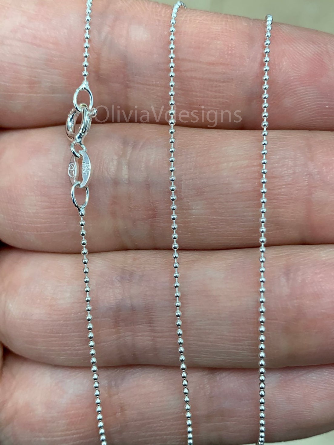 Solid 925 Sterling Silver Italian Ball Bead Chain 1mm Necklace, Made in Italy Chains For Men,Necklace for Charms, Dog Tag Necklace