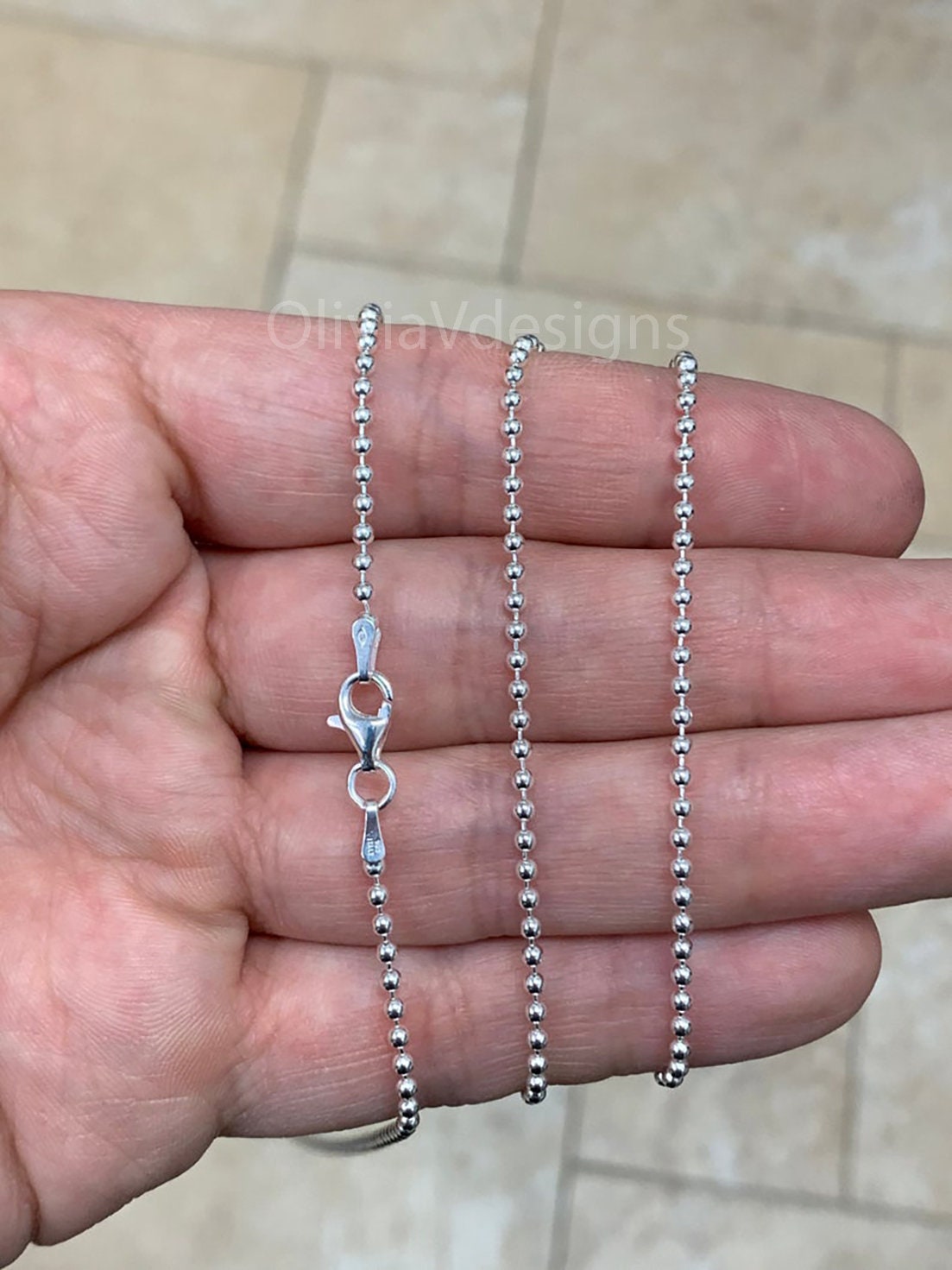 Solid 925 Sterling Silver Italian Ball Bead Chain 2mm Necklace, Made in Italy Chains For Men, Necklace for Charms, Dog Tag Necklace