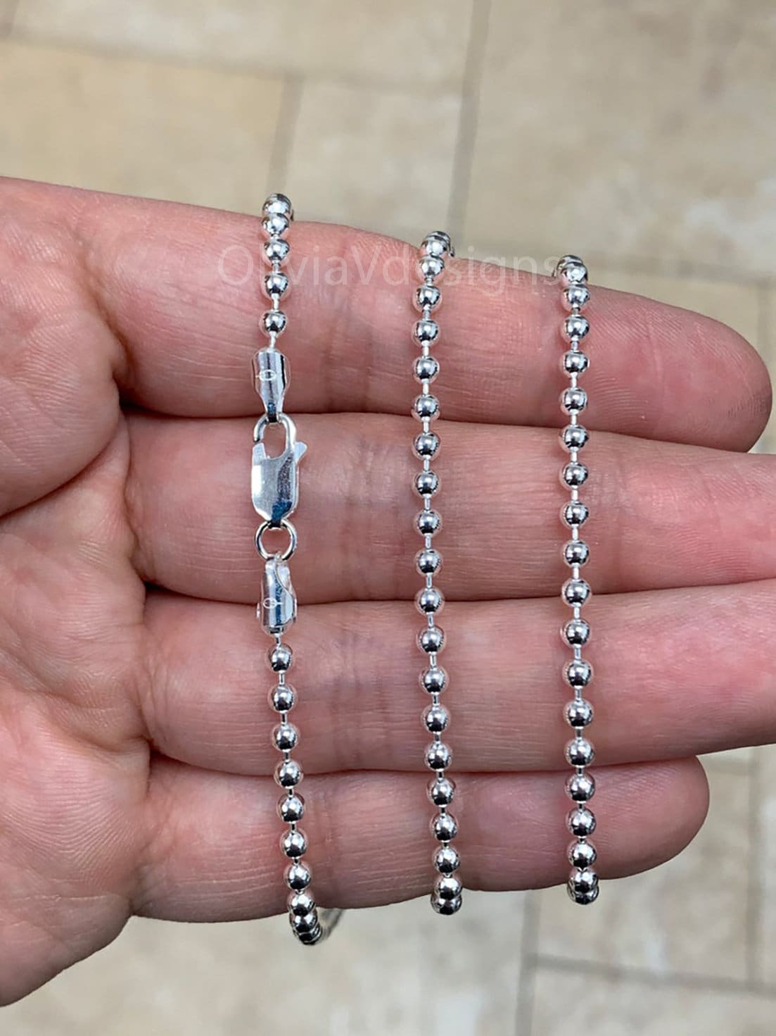 Solid 925 Sterling Silver Italian Ball Bead Chain 3mm Necklace, Made in Italy Chains For Men, Necklace for Charms, Dog Tag Necklace