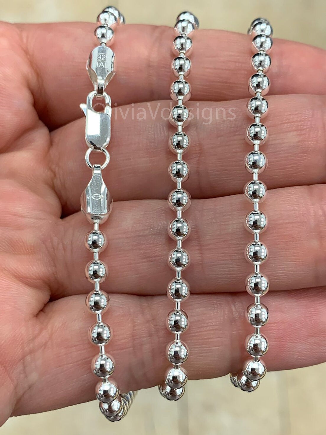 Solid 925 Sterling Silver Italian Ball Bead Chain 4mm Necklace, Made in Italy Chains For Men, Necklace for Charms, Dog Tag Necklace