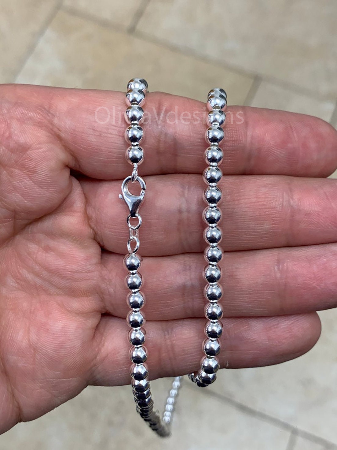 Solid 925 Sterling Silver Italian Ball Bead Chain Necklace, Made in Italy,  5mm Sterling Silver Ball Chain, Ball Necklace Chain