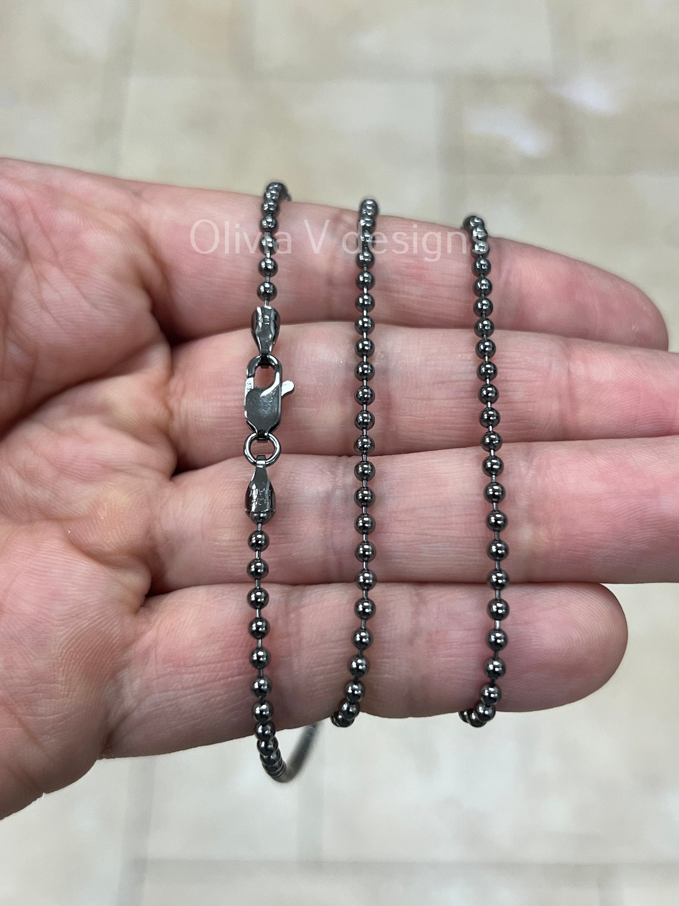 Solid 925 Sterling Silver Italian Black Rhodium Ball Bead Chain 2mm Necklace, Made in Italy Chains For Men, Necklace, Dog Tag Necklace