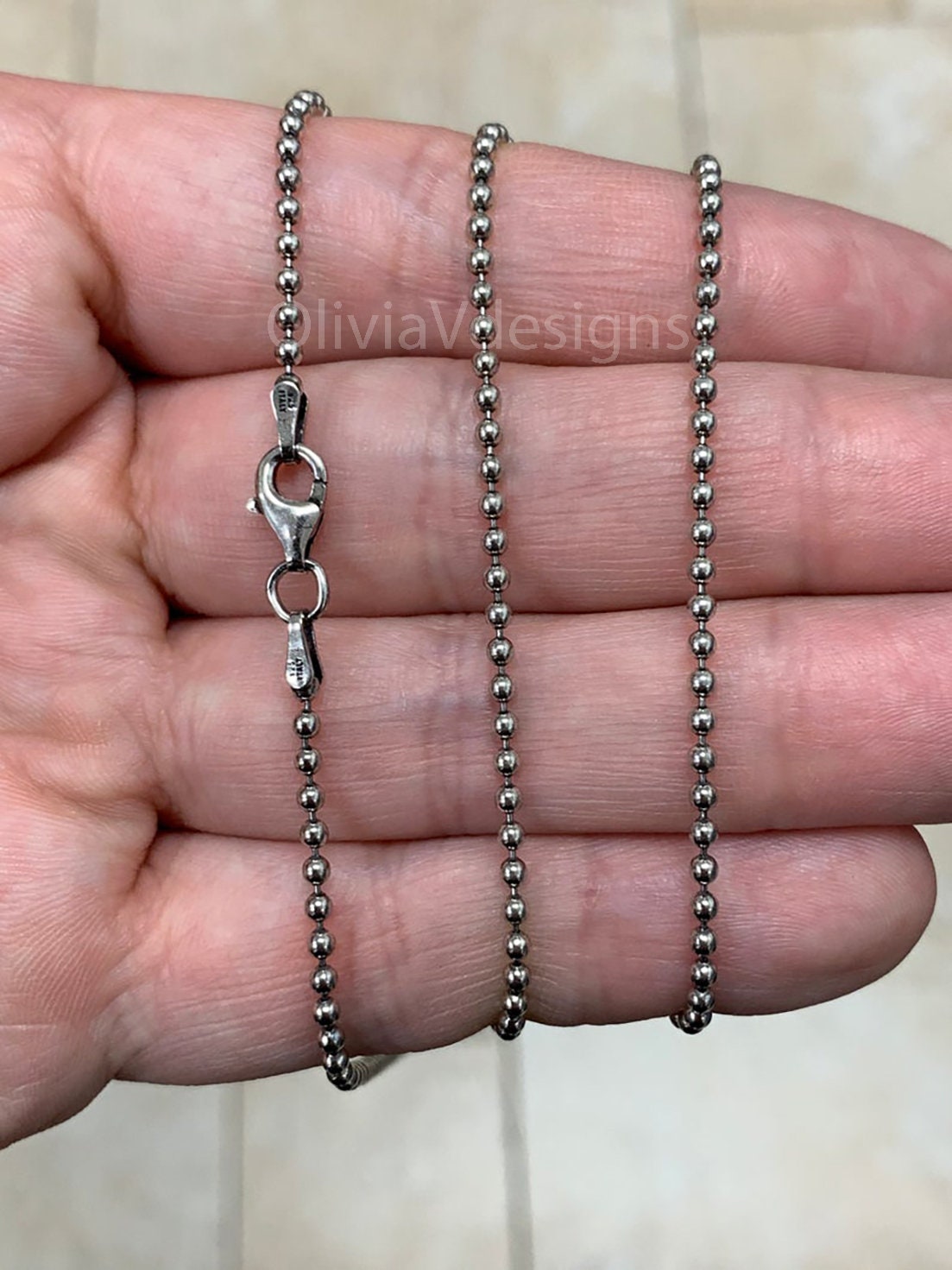 Solid 925 Sterling Silver Italian OXIDIZED Ball Bead Chain 2mm Necklace, Made in Italy Chains For Men,Necklace for Charms, Dog Tag Necklace