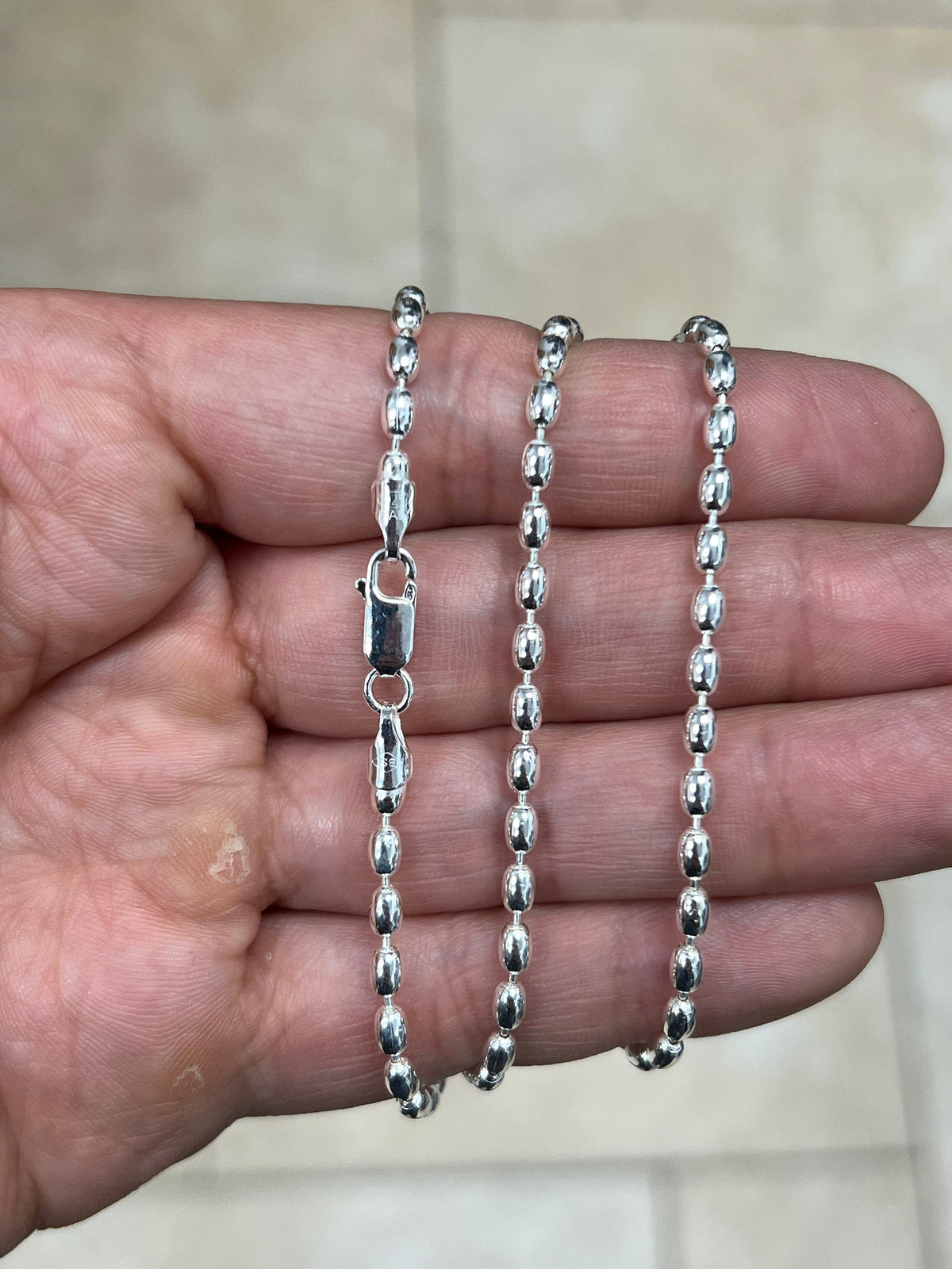 Solid 925 Sterling Silver Italian Oval Bead Chain 3mm Necklace, Made in Italy Chains For Men, Necklace for Charms, Dog Tag Necklace