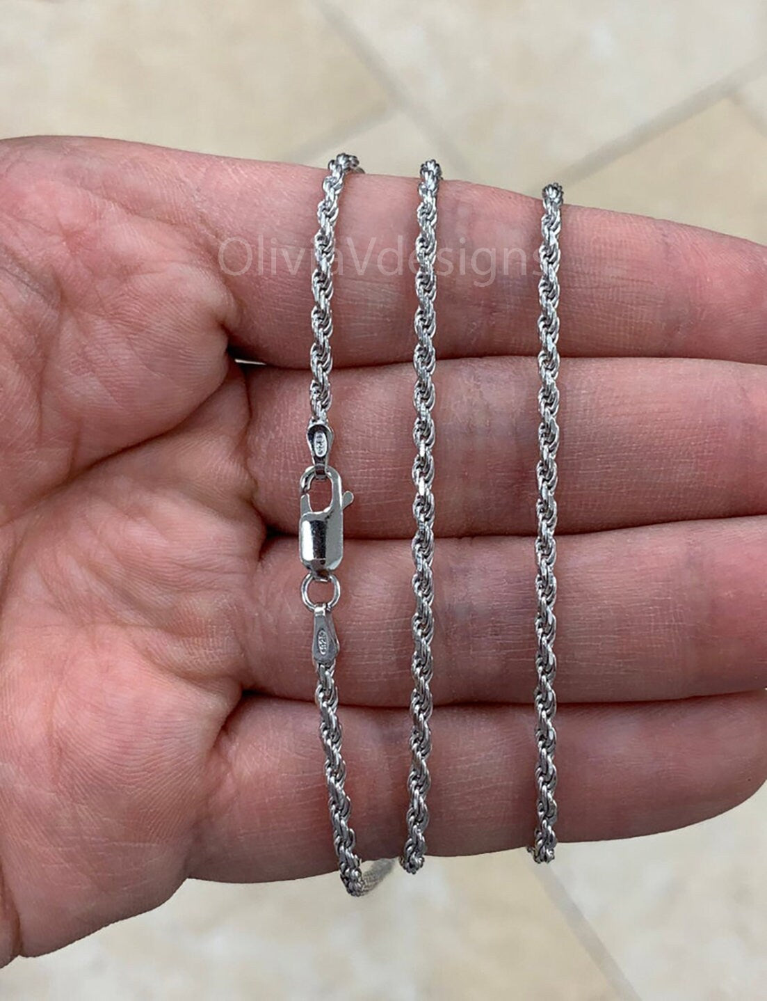 Solid 925 Sterling Silver Italian Rope Chain, Rhodium, 2.5mm, Diamond Cut, Necklace, Italy, Gift For Him, Gift For Her, Rope Necklace