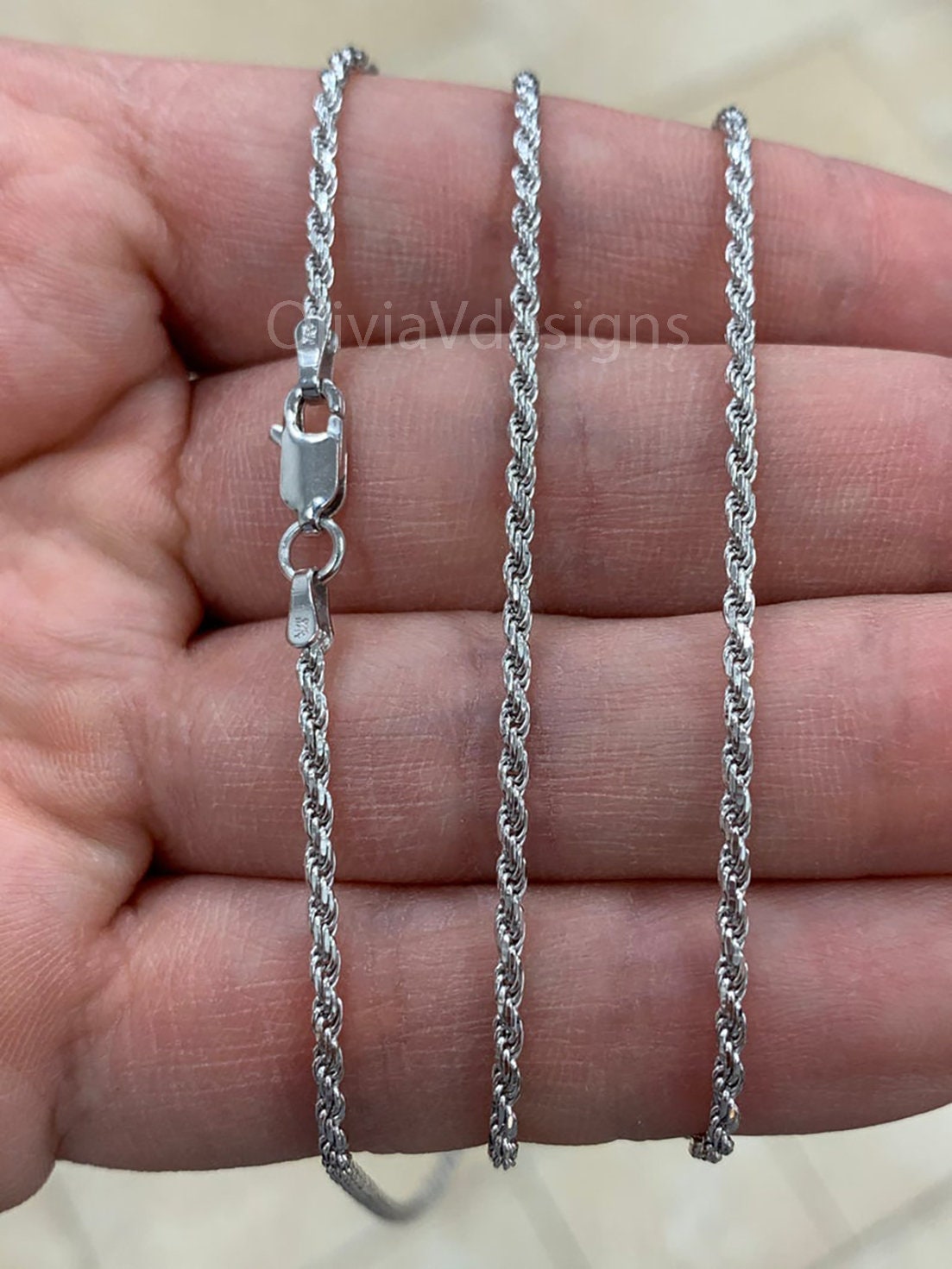 Solid 925 Sterling Silver Italian Rope Chain Rhodium 2mm Diamond Cut Necklace Italy Gift For Him Gift For Her Rope Necklace