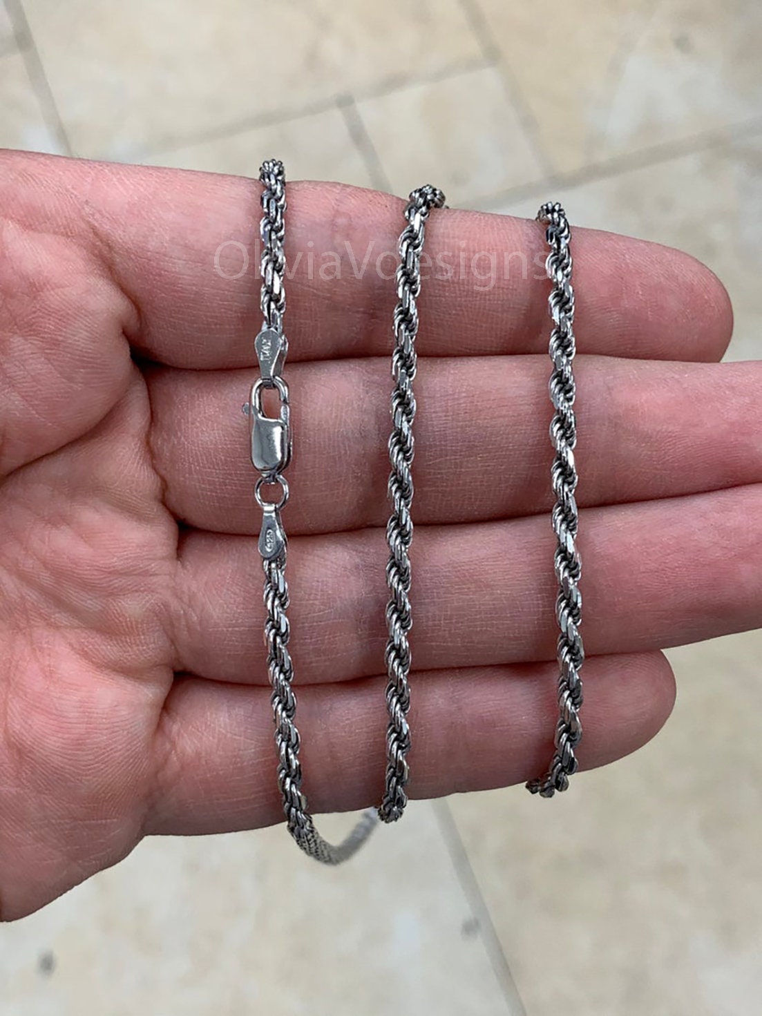 Solid 925 Sterling Silver Italian Rope Chain, Rhodium, 3.2mm, Diamond Cut, Necklace, Italy, Gift For Him, Gift For Her, Rope Necklace