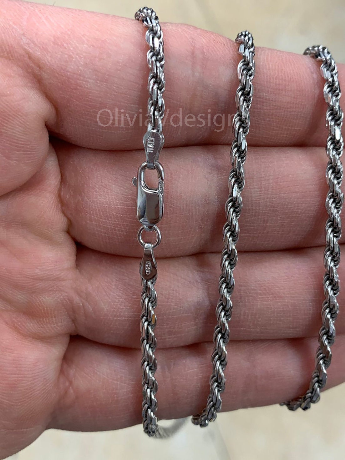 Solid 925 Sterling Silver Italian Rope Chain, Rhodium, 3.2mm, Diamond Cut, Necklace, Italy, Gift For Him, Gift For Her, Rope Necklace