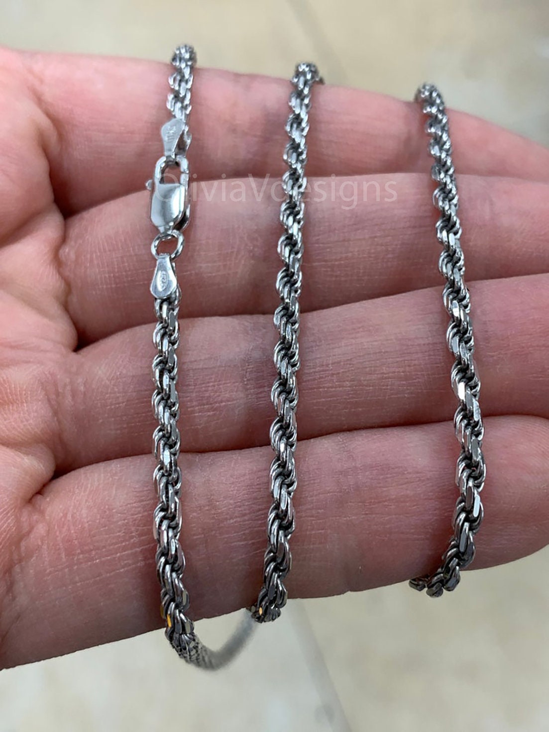 Solid 925 Sterling Silver Italian Rope Chain, Rhodium, 3.2mm, Diamond Cut, Necklace, Italy, Gift For Him, Gift For Her, Rope Necklace