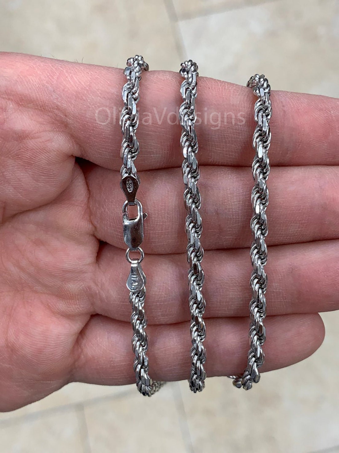 Solid 925 Sterling Silver Italian Rope Chain, Rhodium, 3.7mm, Diamond Cut, Necklace, Italy, Gift For Him, Gift For Her, Rope Necklace