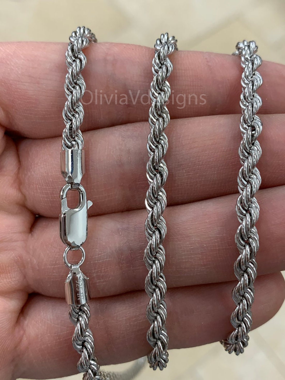 Solid 925 Sterling Silver Italian Rope Chain Rhodium, 5mm, Diamond Cut, Necklace, Made in Italy, Gift For Him, Gift For Her,  24'' 26'' 28''