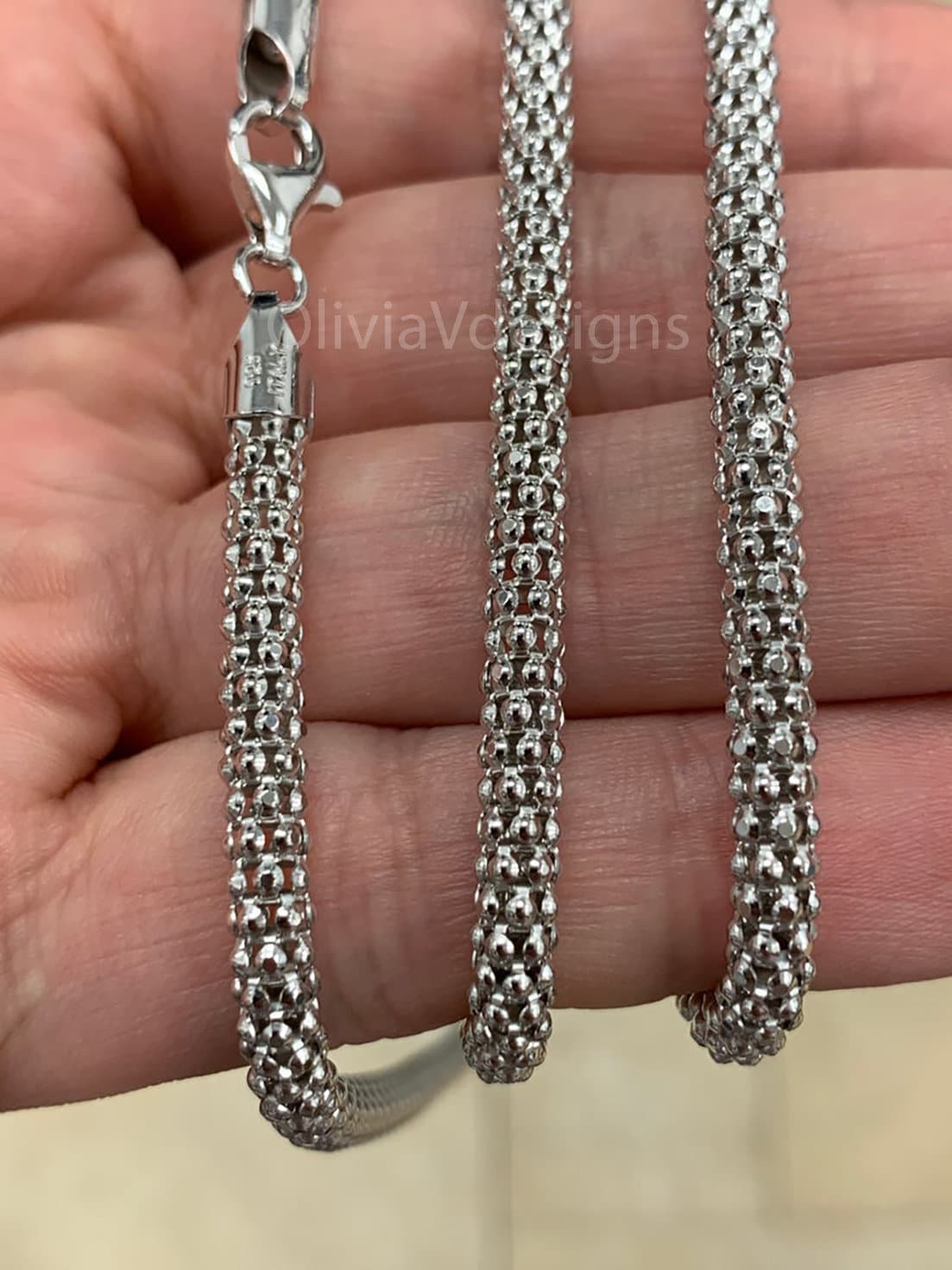 4.5MM Solid 925 Sterling Silver Italian Shiny POPCORN Chain Necklace Made in Italy All Lengths Available: 16" 18" 20" 22" 24" Or 30''