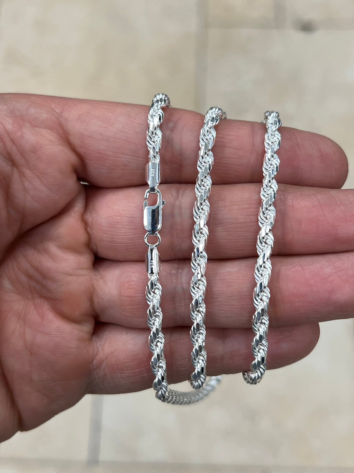 Solid 925 Sterling Silver Rope Chain, 4.00mm, Diamond Cut, Necklace, Made in Italy, Gift For Him, Gift For Her, Rope Necklace
