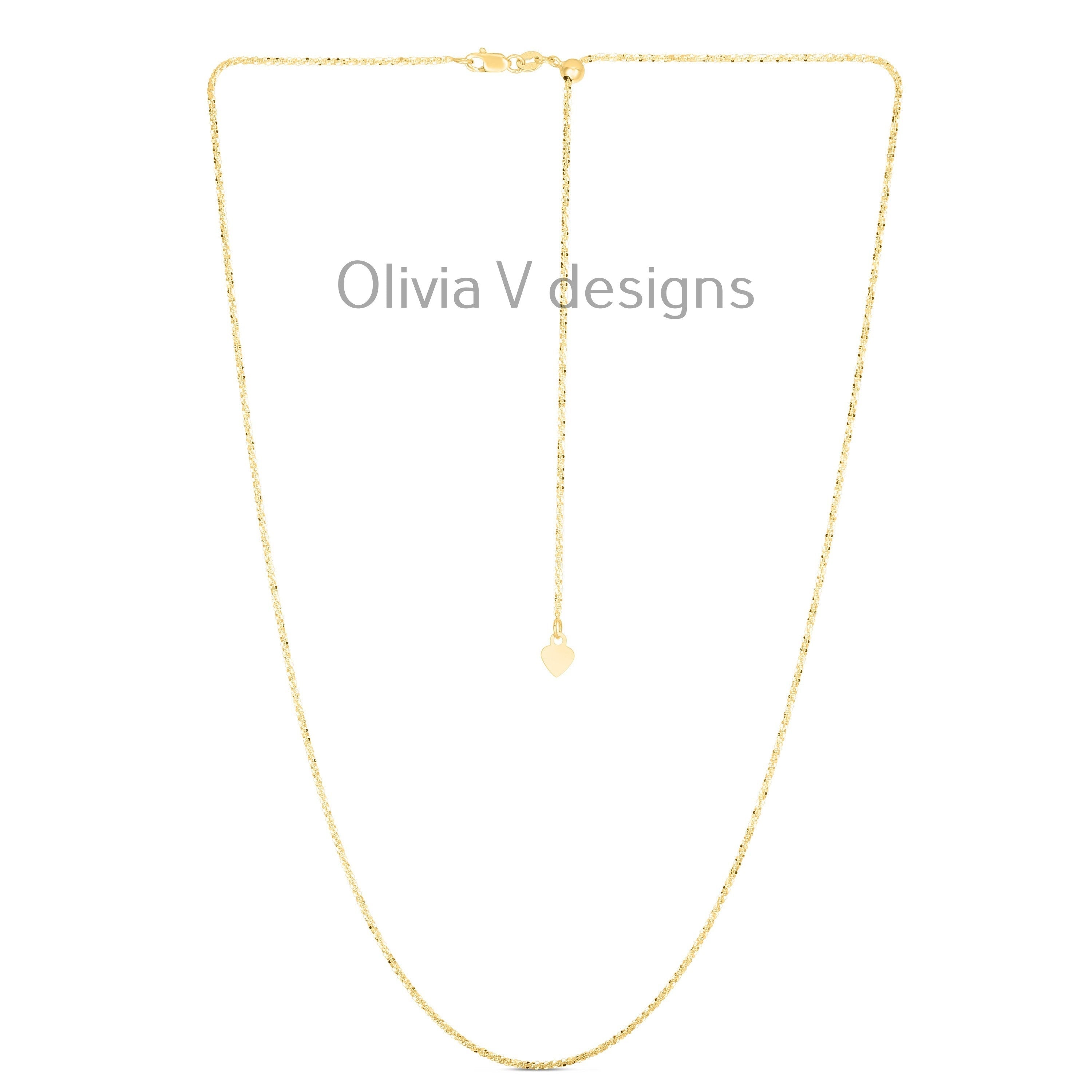 1.8mm Solid Adjustable Sparkle Twisted Rock Chain REAL 14K Yellow Gold Up To 22", Sparkle Glitter Margarita Twisted Rock
