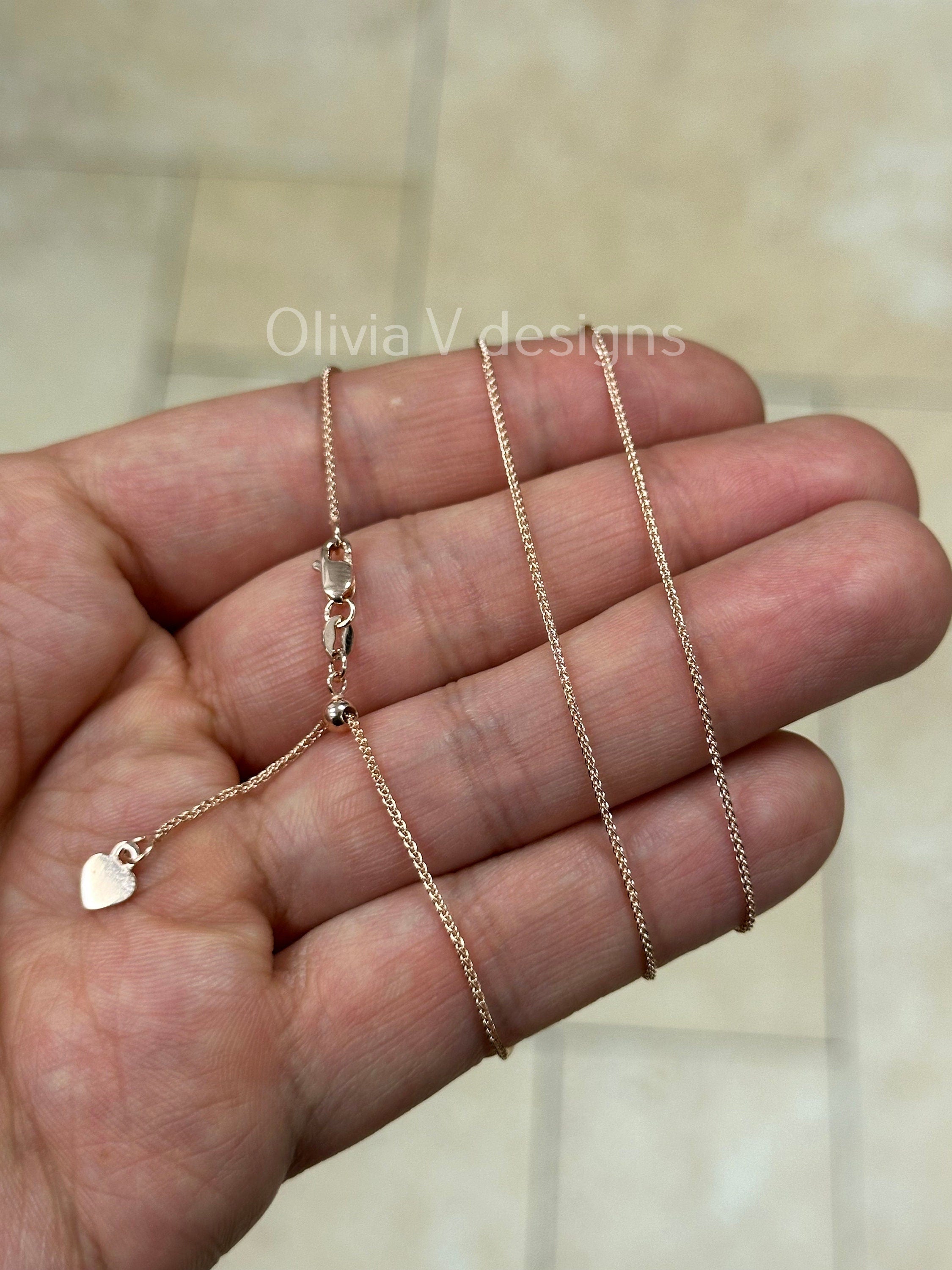1mm Solid Adjustable Wheat Spiga Chain REAL 14K Rose Gold Up To 22", Spiga Wheat Chain, 14k Rose Gold