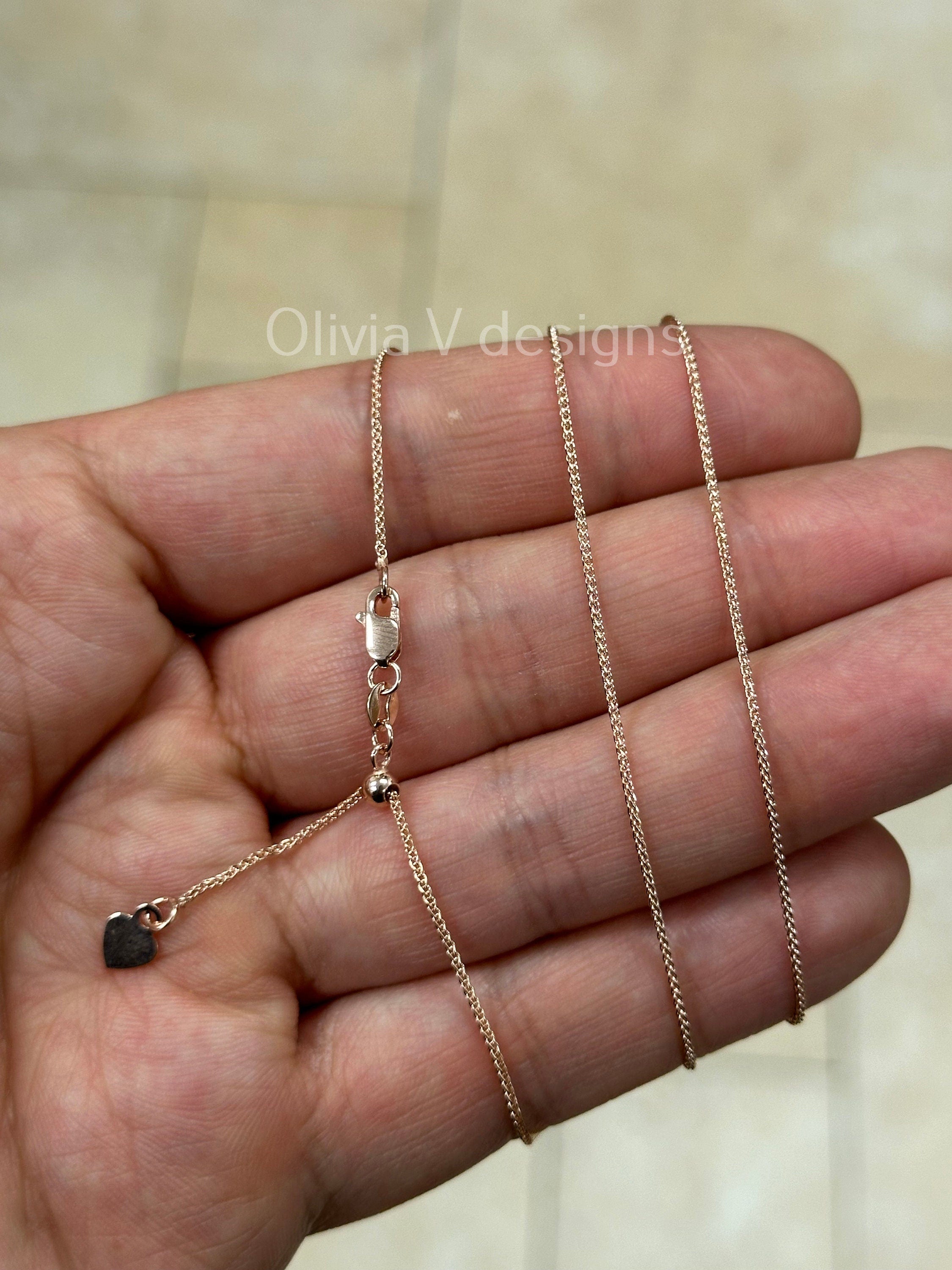1mm Solid Adjustable Wheat Spiga Chain REAL 14K Rose Gold Up To 22", Spiga Wheat Chain, 14k Rose Gold