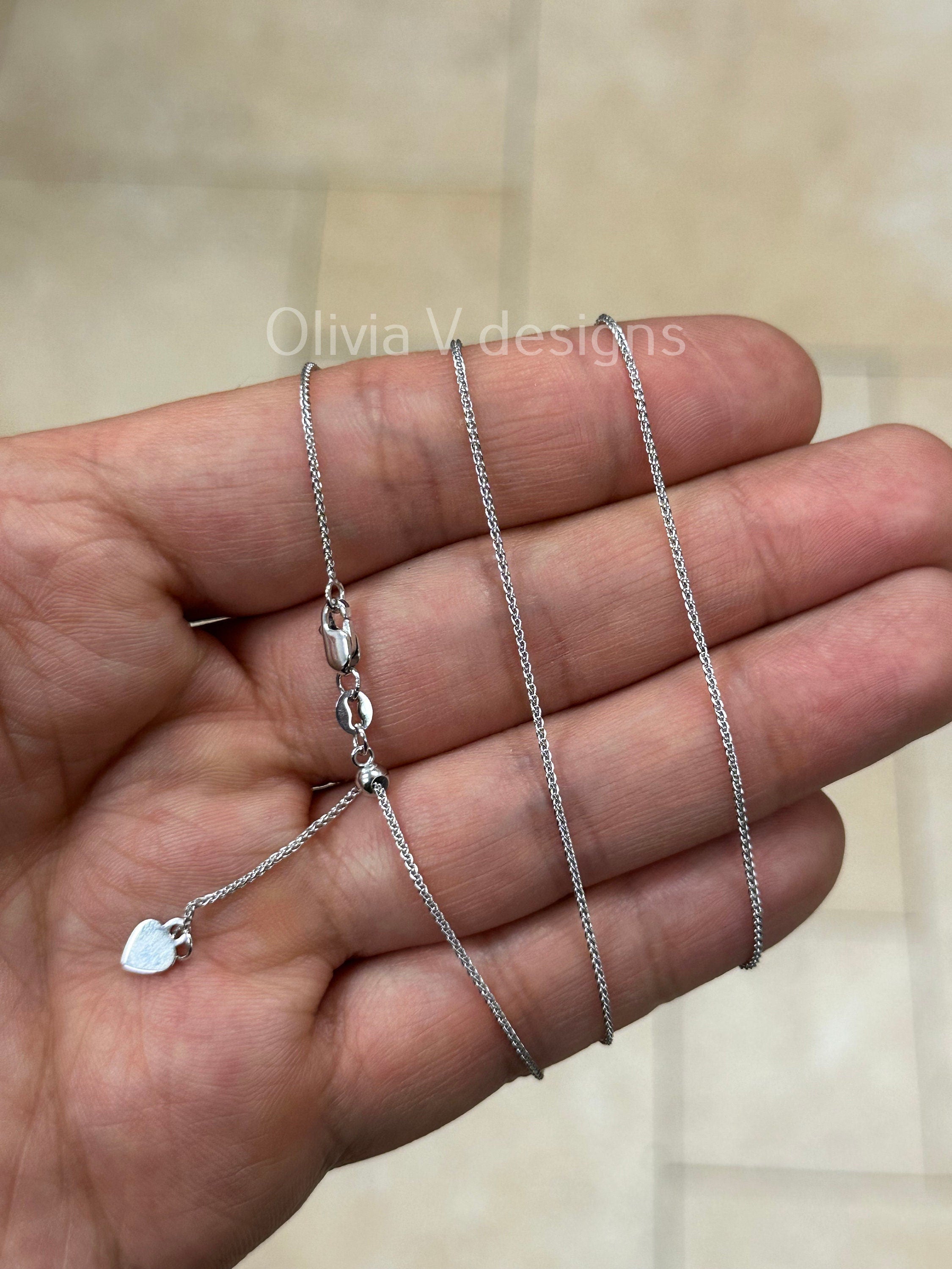 1mm Solid Adjustable Wheat Spiga Chain REAL 14K White Gold Up To 22", Spiga Wheat Chain, 14k White Gold