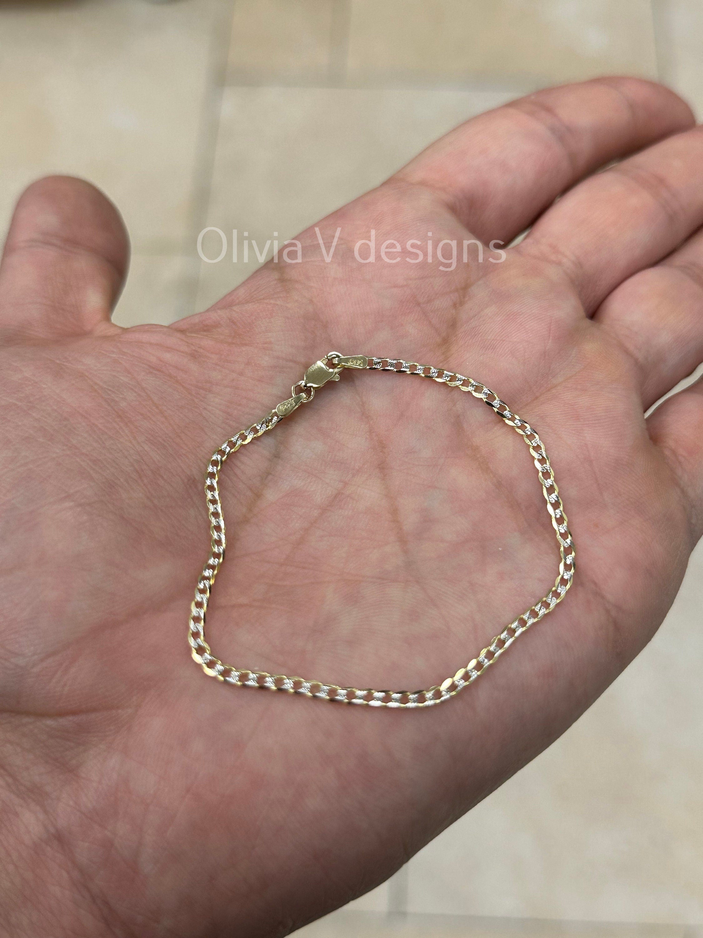 14k Solid Yellow Gold 2.5mm Pave Diamond Cut Cuban Curb Link Bracelet Chain, 14K SOLID Two Tone Gold Chain Bracelet Man and Woman, Gift