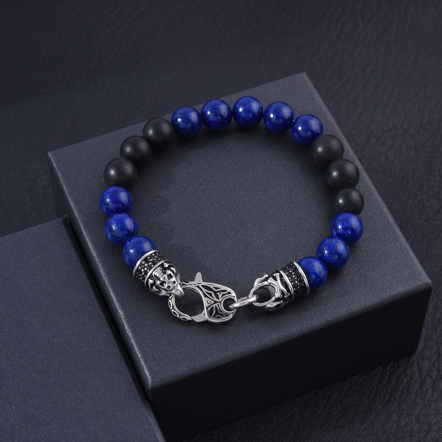 Stainless Steel Black Matte Agate Lapis Bracelet for Men, Lapis Beaded Jewelry, Gift for Dad, Stylish Bracelet