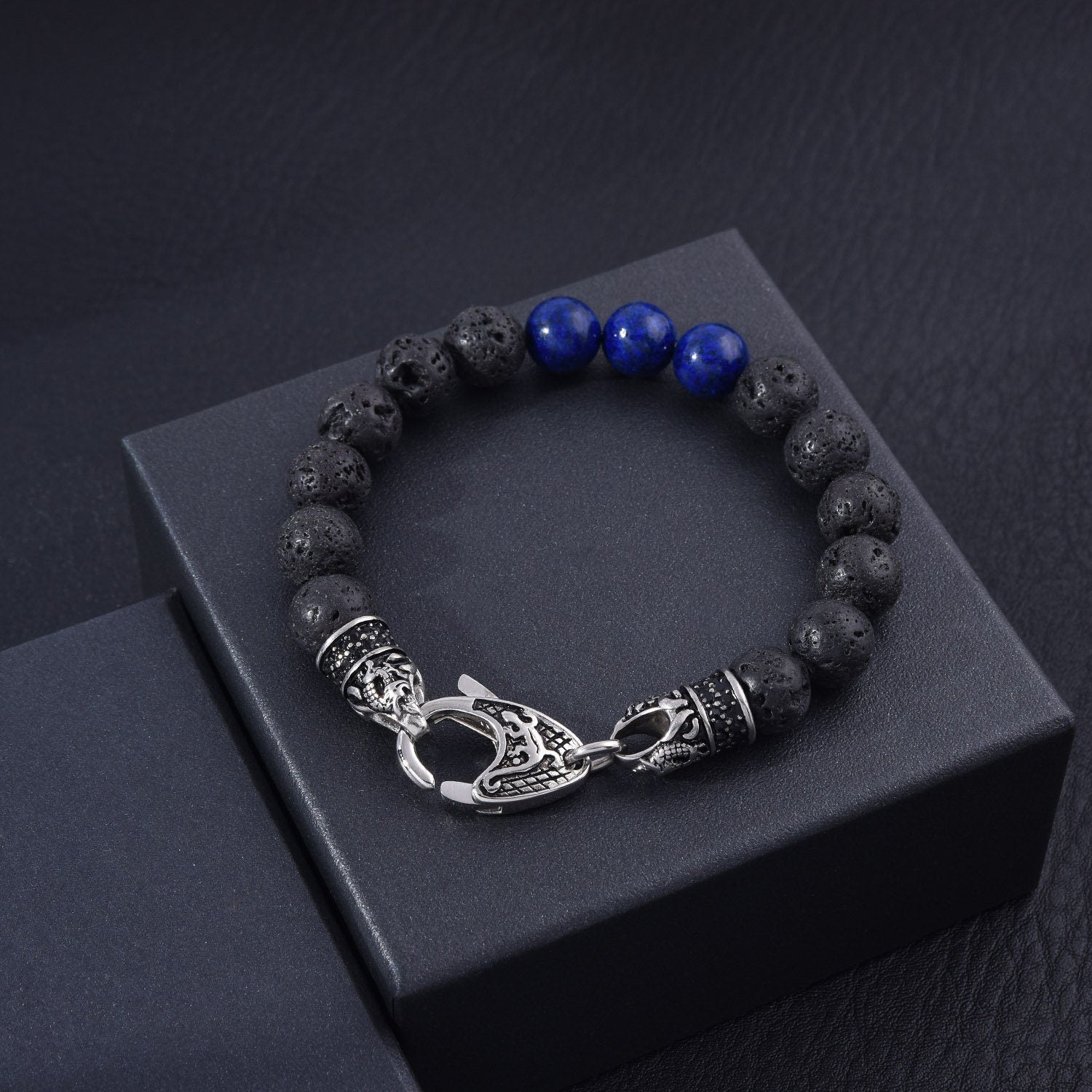 Stainless Steel Black Matte Lava Volcanic Lapis Bracelet for Men, Lapis Beaded Jewelry, Gift for Dad, Stylish Bracelet