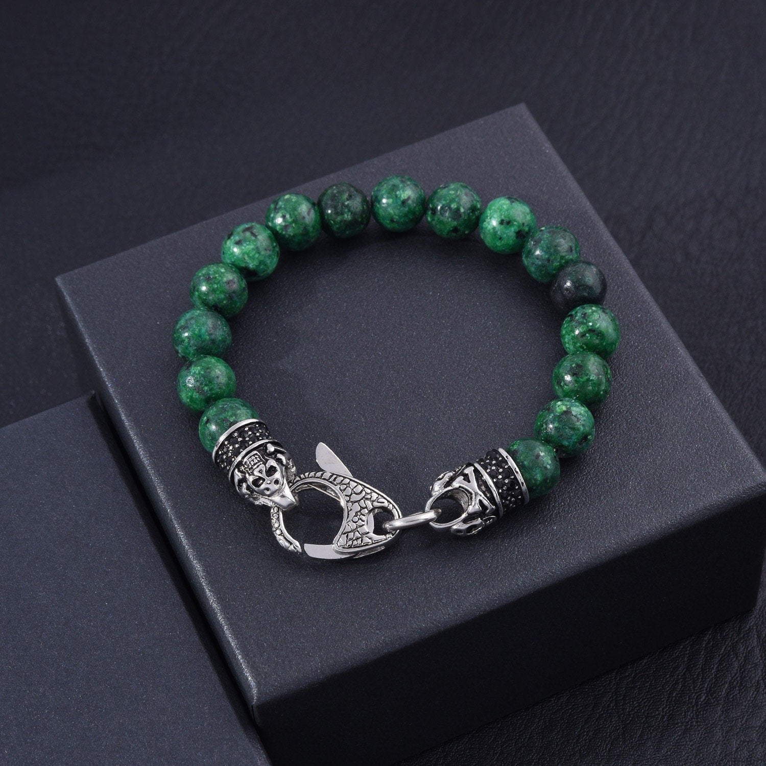 Stainless Steel Green Agate Bracelet for Men, Green Agate Beaded Jewelry, Gift for Dad, Stylish Bracelet