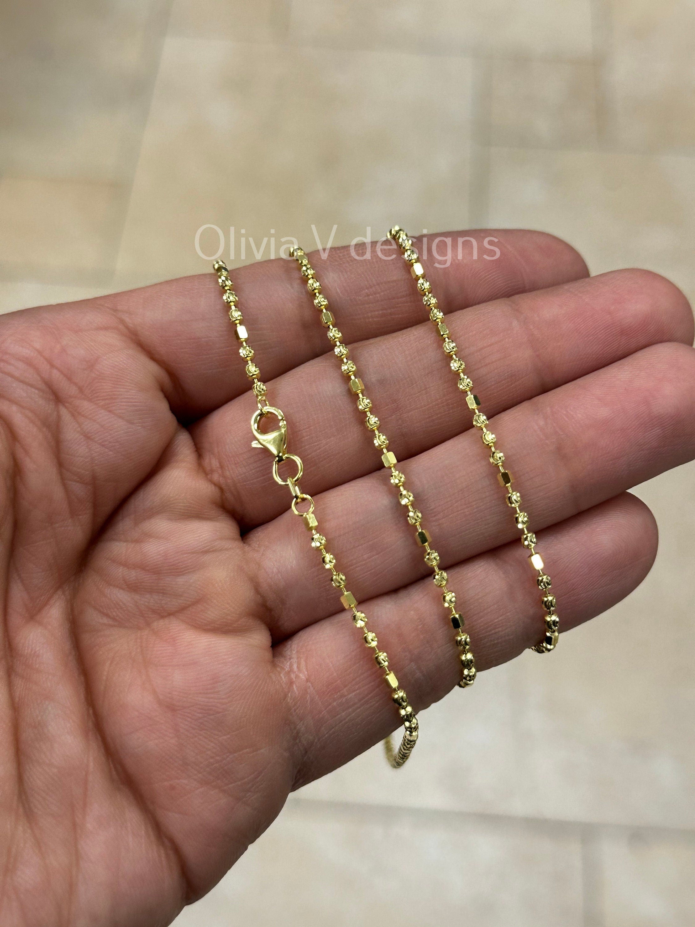 925 Sterling Silver 14K Yellow Gold Plated 2mm Moon Cut Bead Chain Necklace 16''-30'', Gold, Made In Italy, Bead Moon Cut