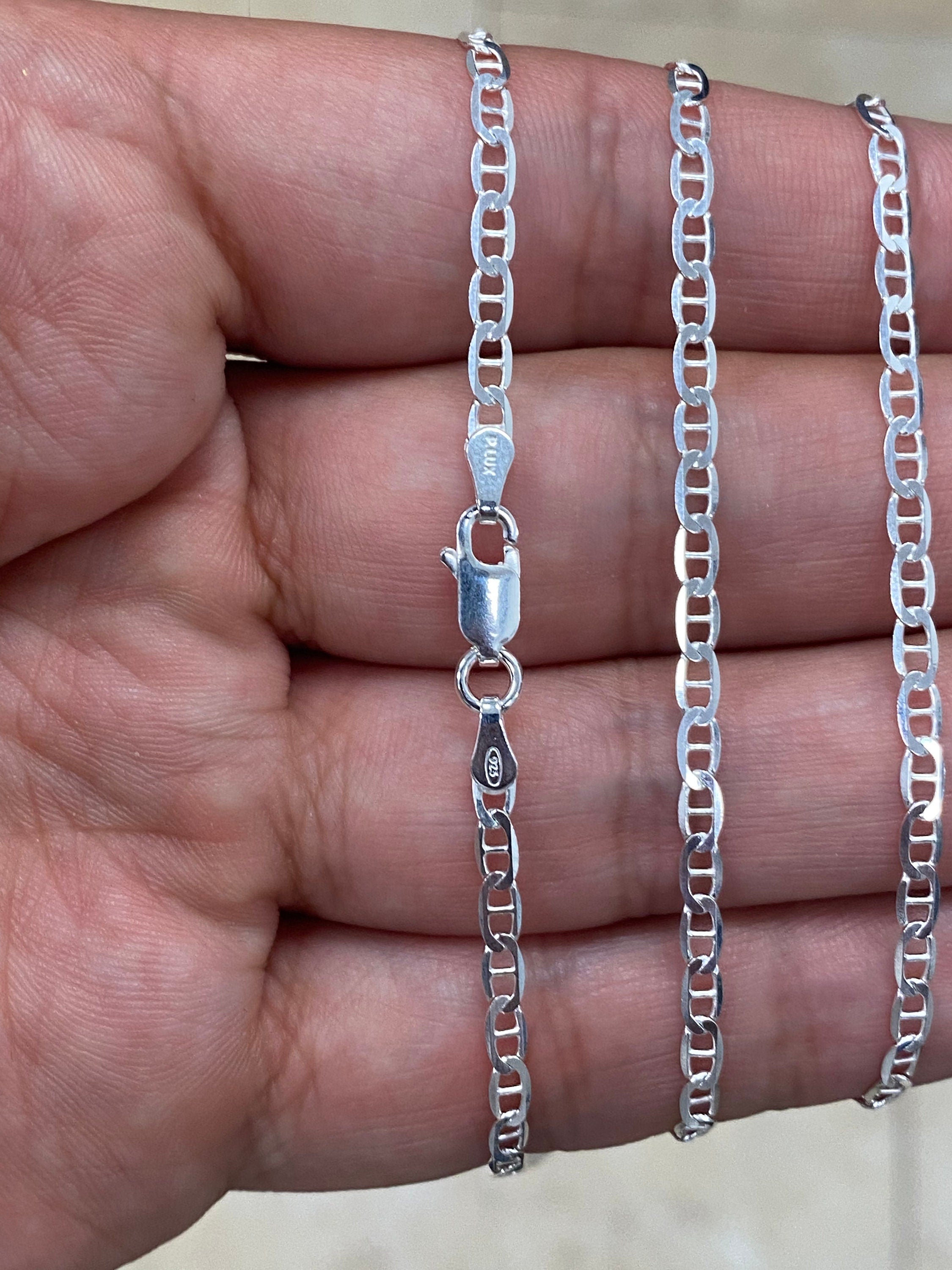 925 Sterling Silver 3mm Flat Mariner Link Anchor Chain Necklace Solid Silver, Italy, 16'' 18'' 20'' 22'' 24'' 30'', Chain For Men And Ladies