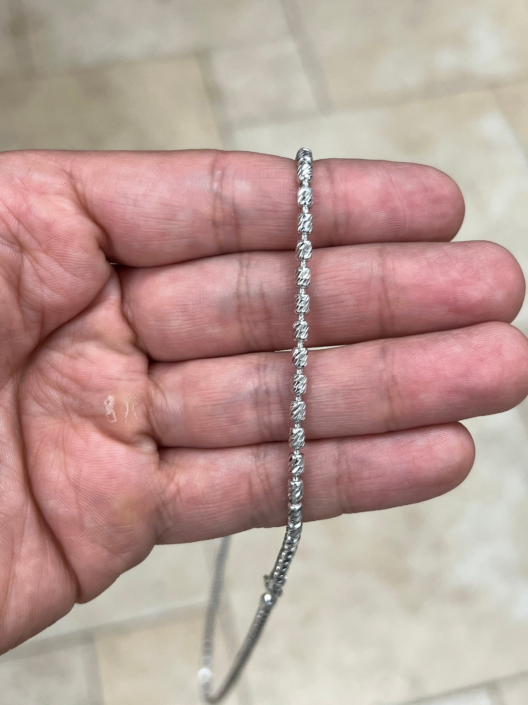 925 Sterling Silver 3mm Moon Cut Oval Barrel Beaded Chain Necklace 18"-30'', Rhodium, Made In Italy, Genuine 925 Sterling Silver