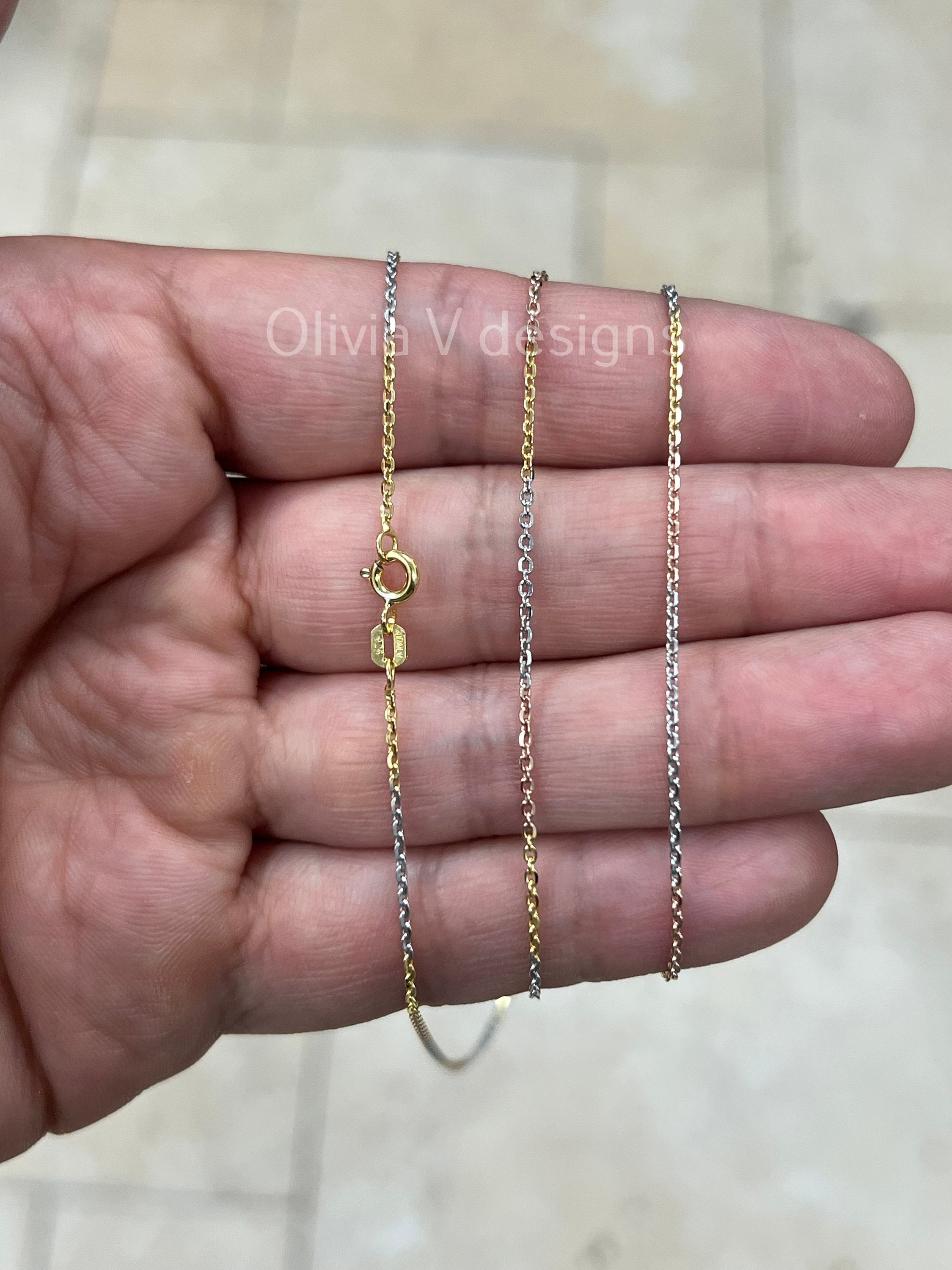 925 Sterling Silver Anchor Cable Link Chain Tri-Color 1.2mm Necklace,  Alternating 14k Yellow Gold & Rose Gold Finish, 925 Sterling Silver