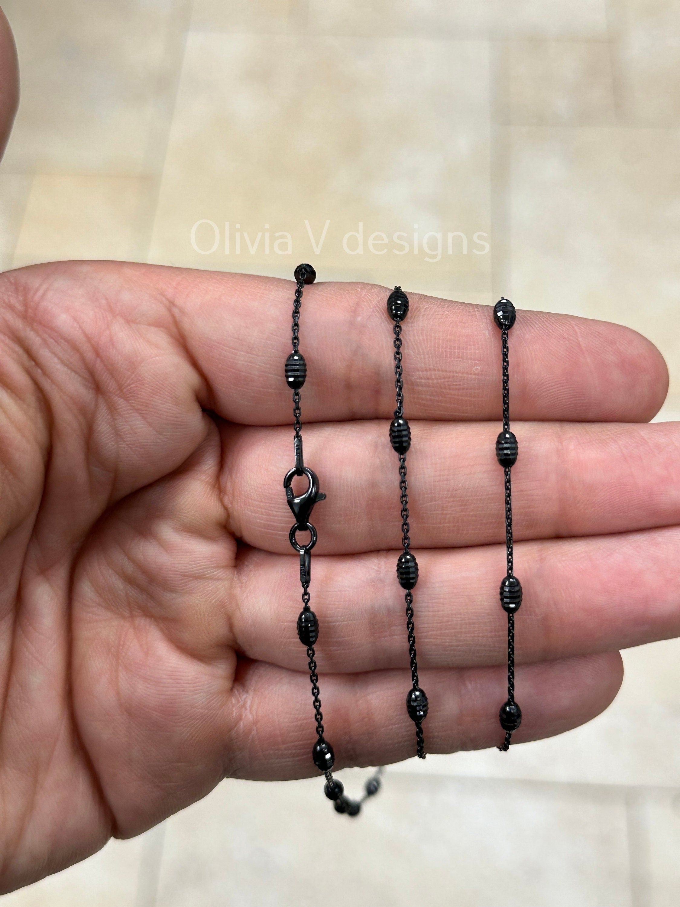 925 Sterling Silver Black Rhodium 1.2mm Diamond Cut Station Bead With 3mm Oval Moon Cut Necklace - Genuine 925 - Made In Italy