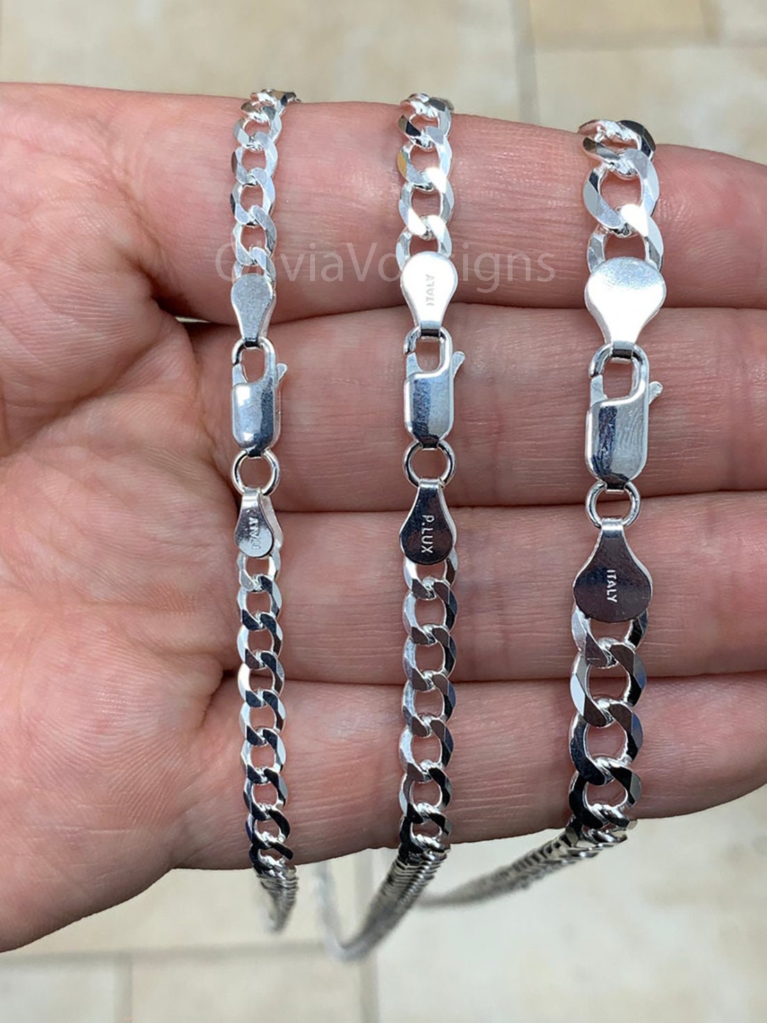 925 Solid Sterling Silver Flat Cuban Curb 4.5mm 5.2mm 7mm, Miami Cuban Chain Necklace - 16'' 18'' 20'' 22'' 24'' 30'' - PLUX - Italy