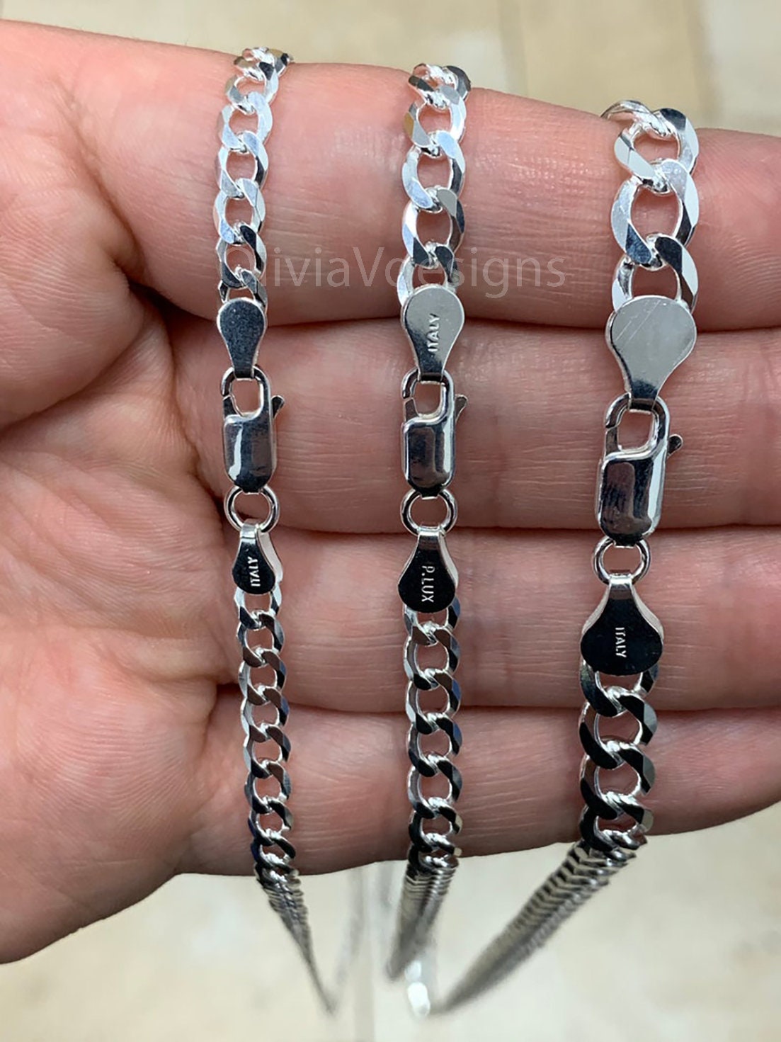 925 Solid Sterling Silver Flat Cuban Curb 4.5mm 5.2mm 7mm, Miami Cuban Chain Necklace - 16'' 18'' 20'' 22'' 24'' 30'' - PLUX - Italy