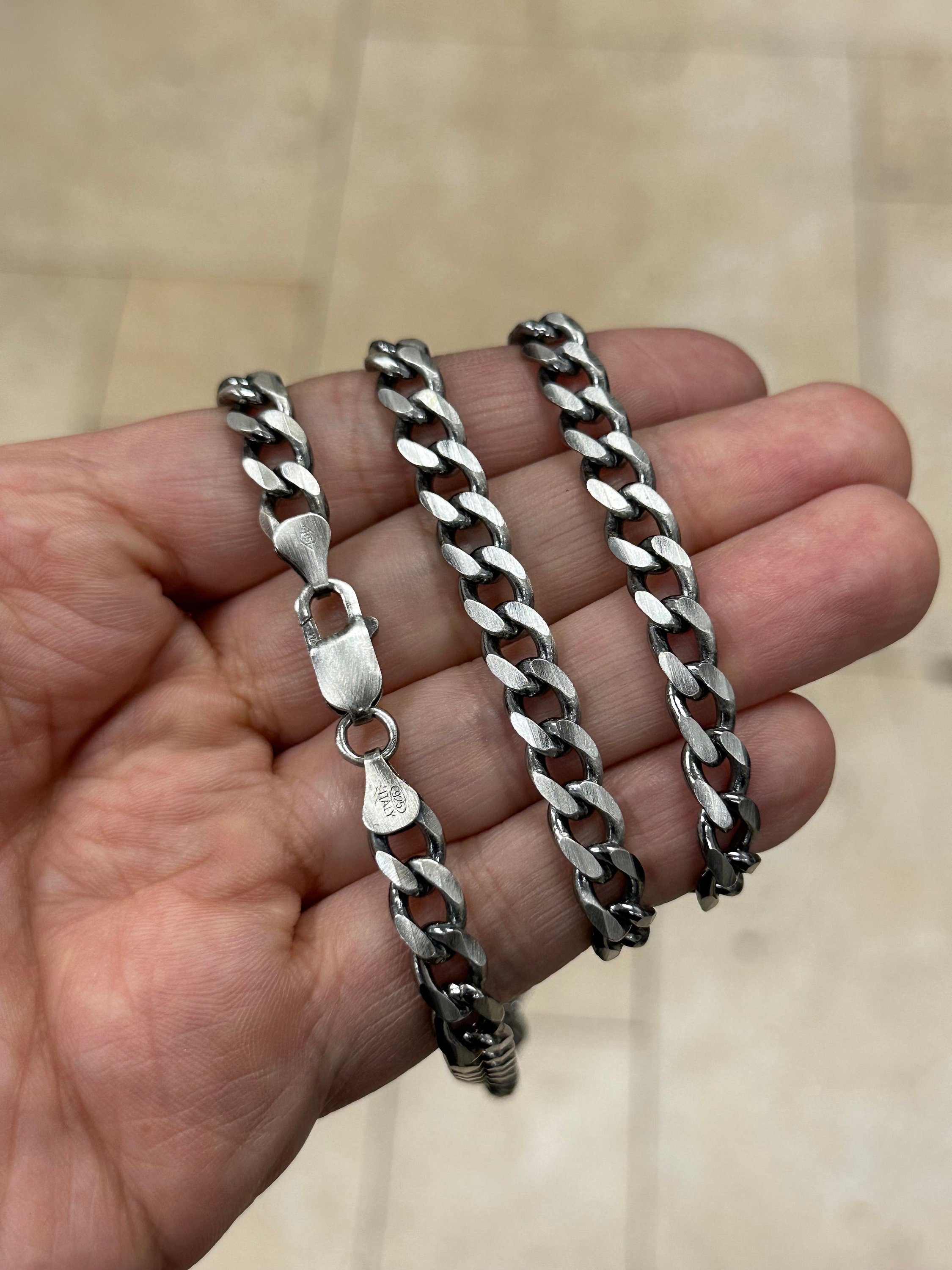 925 Sterling Silver Italian Solid Miami Cuban Curb Link Chain 20'' 22' 24'' 7.50mm - Titanium Gunmetal Finish