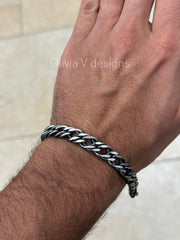 925 Sterling Silver Italian Solid Rambo Bracelet 8'' Inch 9mm - Titanium Gunmetal Finish