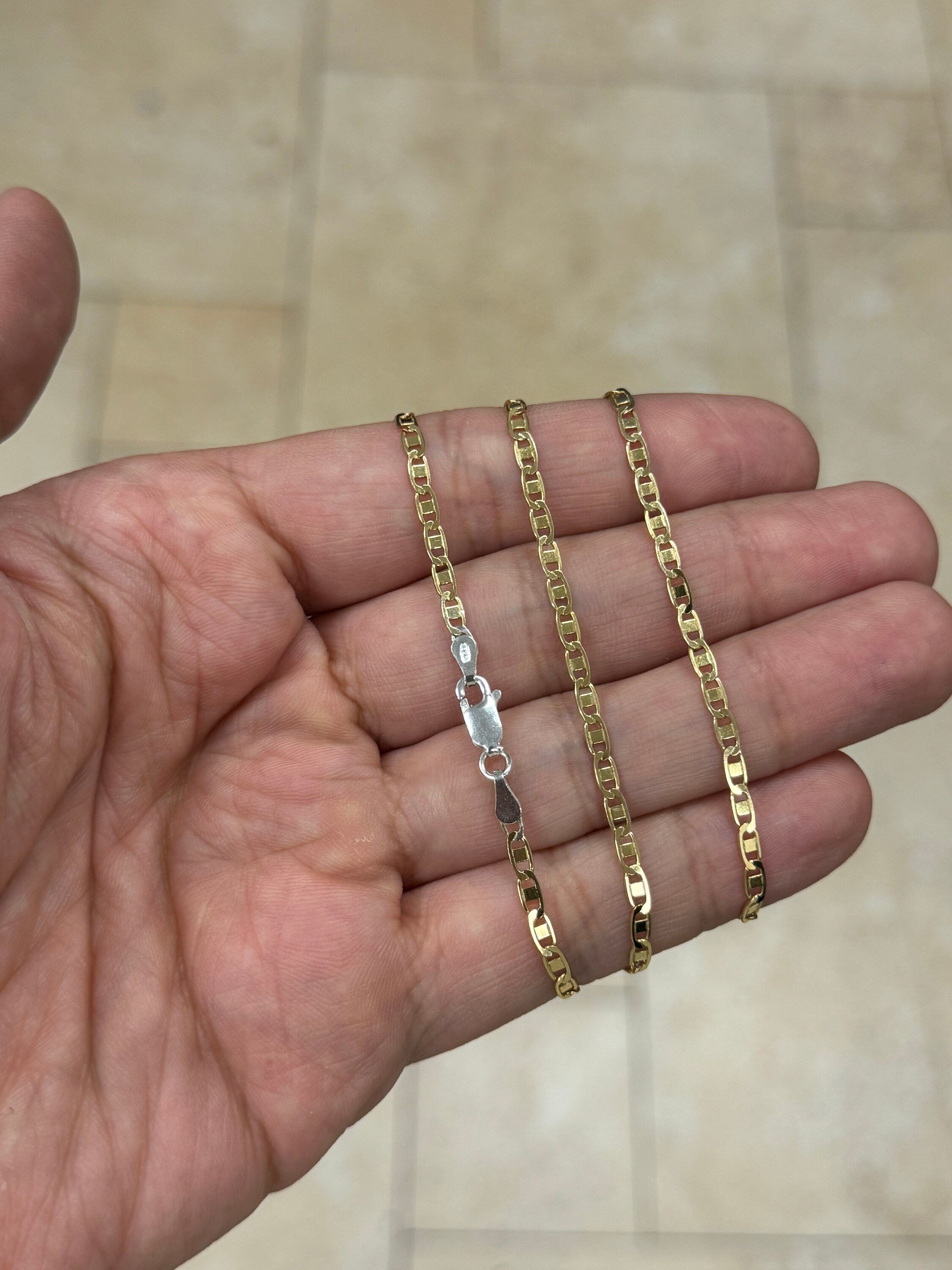 925 Sterling Silver Over 14k Yellow Gold Pave Flat Mariner Chain 3mm 16",18",20" - Genuine 925 Silver - Double Sided, Made In Italy