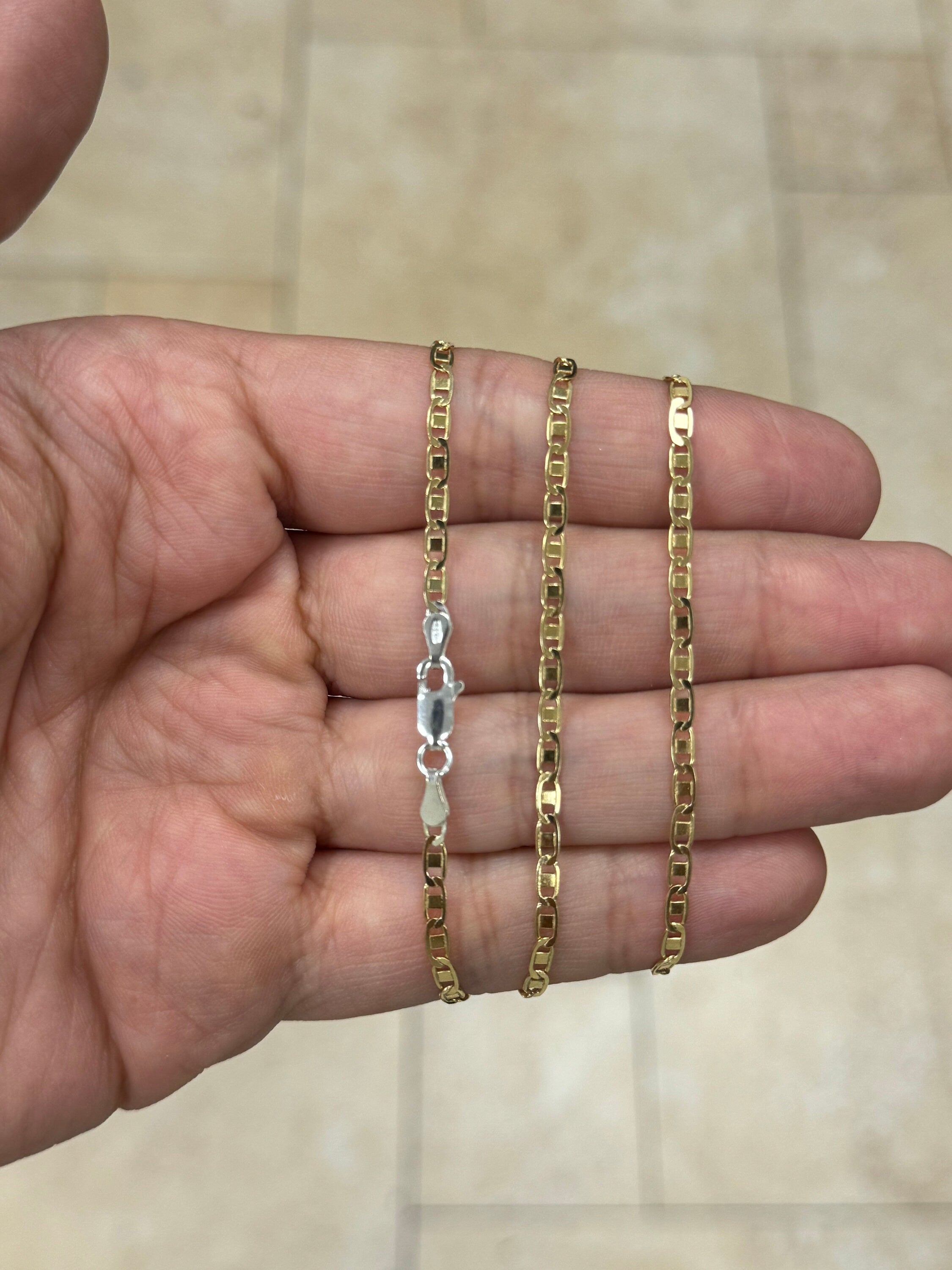 925 Sterling Silver Over 14k Yellow Gold Pave Flat Mariner Chain 3mm 16",18",20" - Genuine 925 Silver - Double Sided, Made In Italy