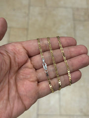 925 Sterling Silver Over 14k Yellow Gold Pave Flat Mariner Chain 3mm 16",18",20" - Genuine 925 Silver - Double Sided, Made In Italy
