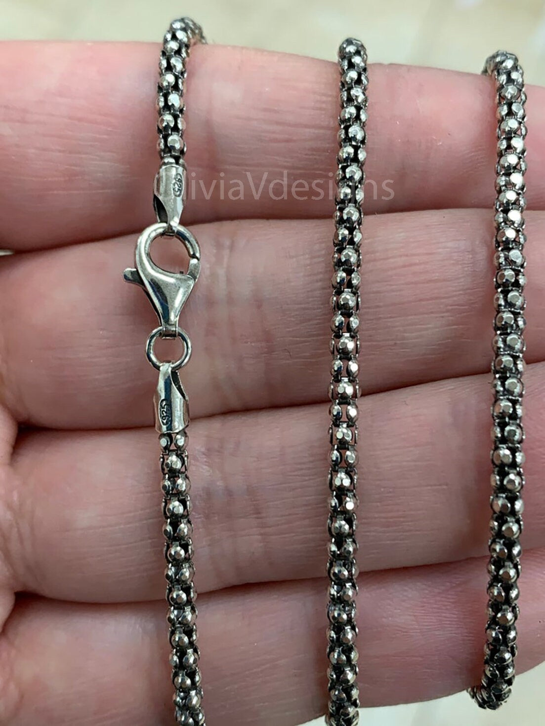 Sterling Silver Oxidized Popcorn Chain 3mm, Boho Style Chain, Oxidized Chain, Chain For Pendant, Sterling Silver Poporn, Rustic Chain