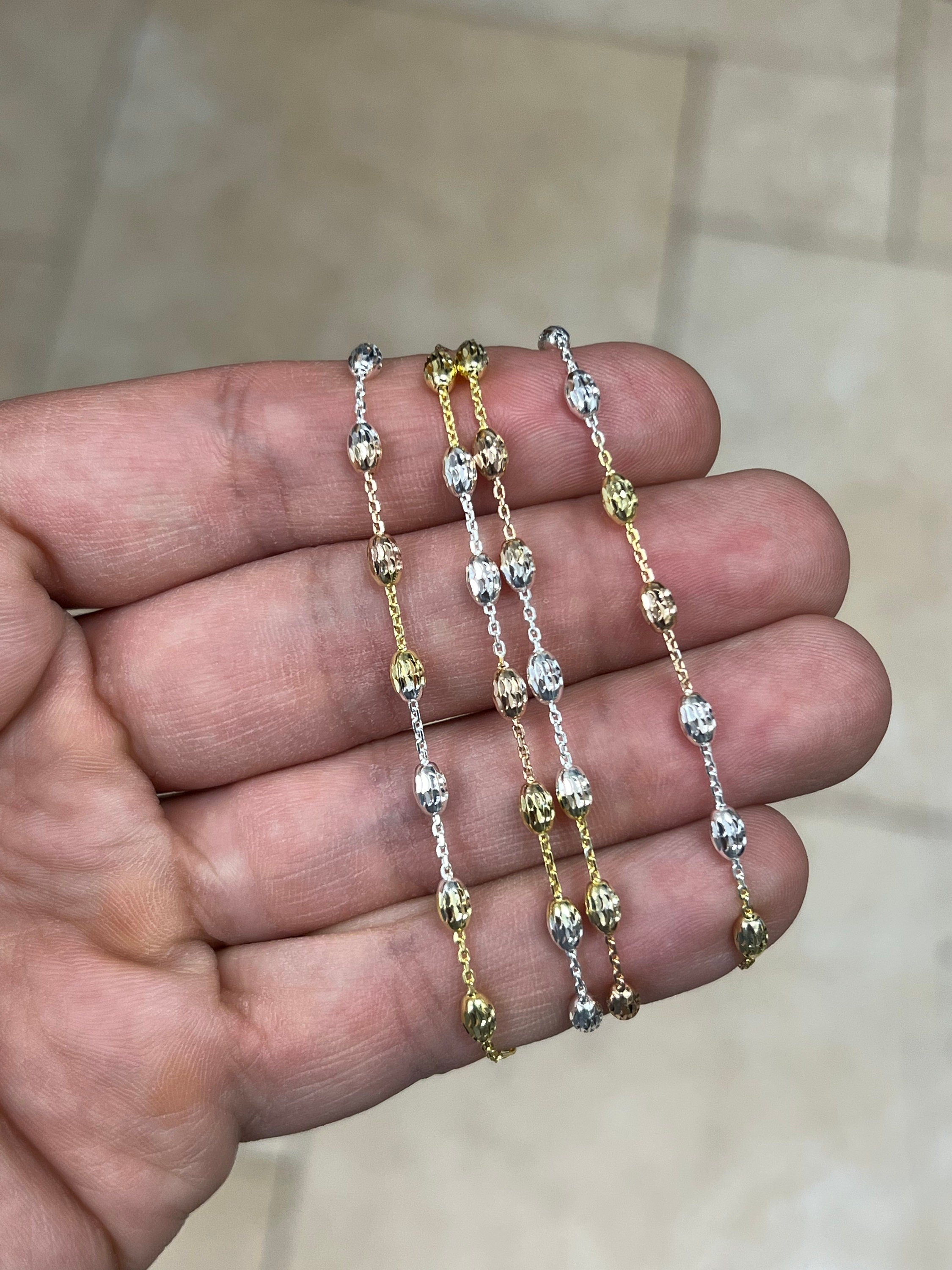 925 Sterling Silver Tri-Color Oval Moon Cut Bead Chain 3mm Necklace Bracelet Anklet - Genuine 925 - Made In Italy