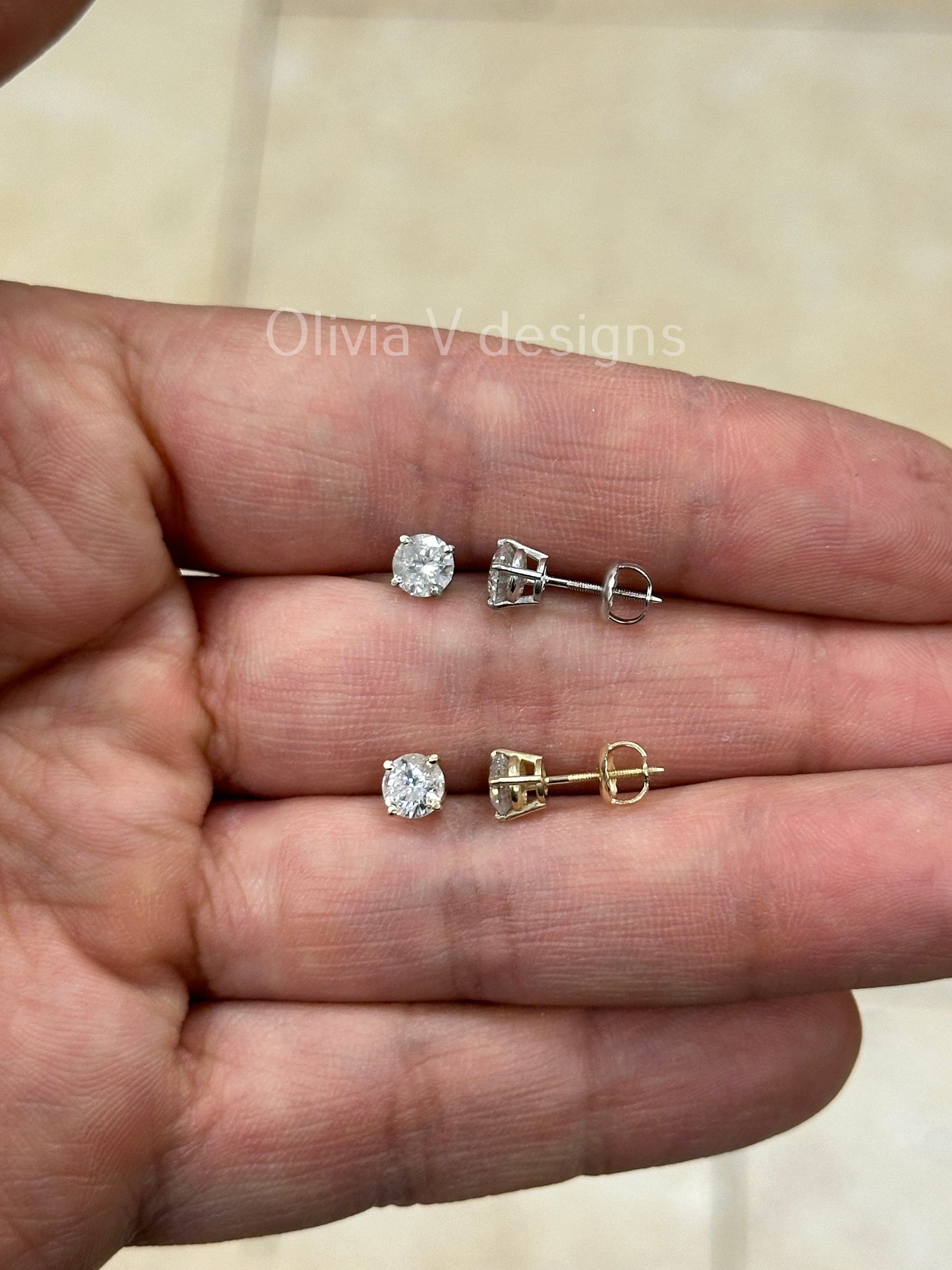 1 Carat TW Real (Natural) Round Diamond Solitaire Stud Earrings in 14K Yellow White Gold, 4-Prong Screw Backs, Color G/H